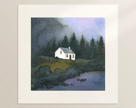 A watercolor landscape featuring a small white Lagagarbh cottage beside a body of water, surrounded by dark evergreen trees and a misty blue-gray sky, in Glenkoe, Scottish Highland.