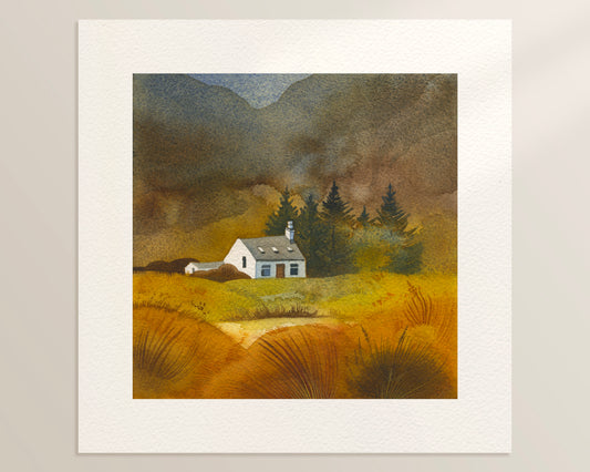Watercolor painting of a small white Lagagarbh cottage, surrounded by dark pine forest, in Glenkoe, Scottish Highlands, Scotland