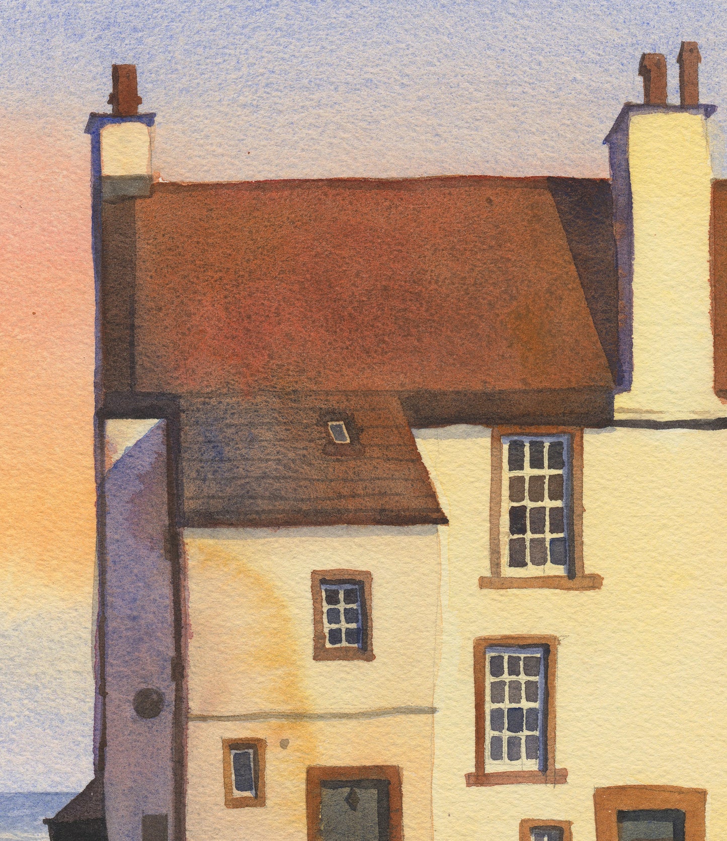deail of a watercolor painting features Glynes House, the coastal cottage in Pittenweem, a picturesque fishing village on Scotland's East Neuk of Fife coast, with its reddish-brown roof, cream walls, chimneys, and a pale sky with a soft sunset glow.