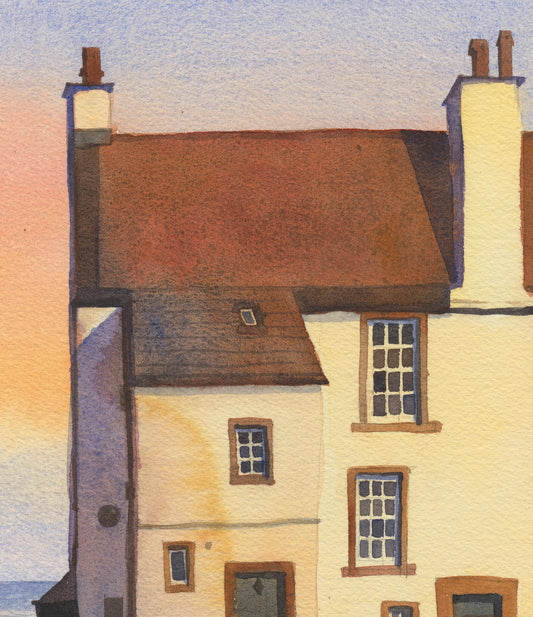 deail of a watercolor painting features Glynes House, the coastal cottage in Pittenweem, a picturesque fishing village on Scotland's East Neuk of Fife coast, with its reddish-brown roof, cream walls, chimneys, and a pale sky with a soft sunset glow.