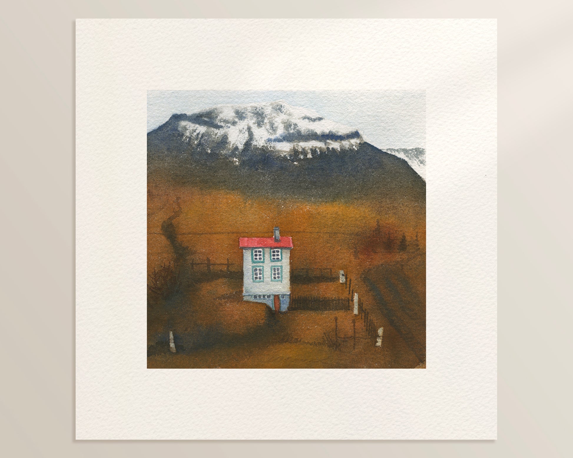 A watercolor painting of a gray farmhouse in the Westfjords near Núpur in Dýrafjörður, one of Iceland's remote western fjords