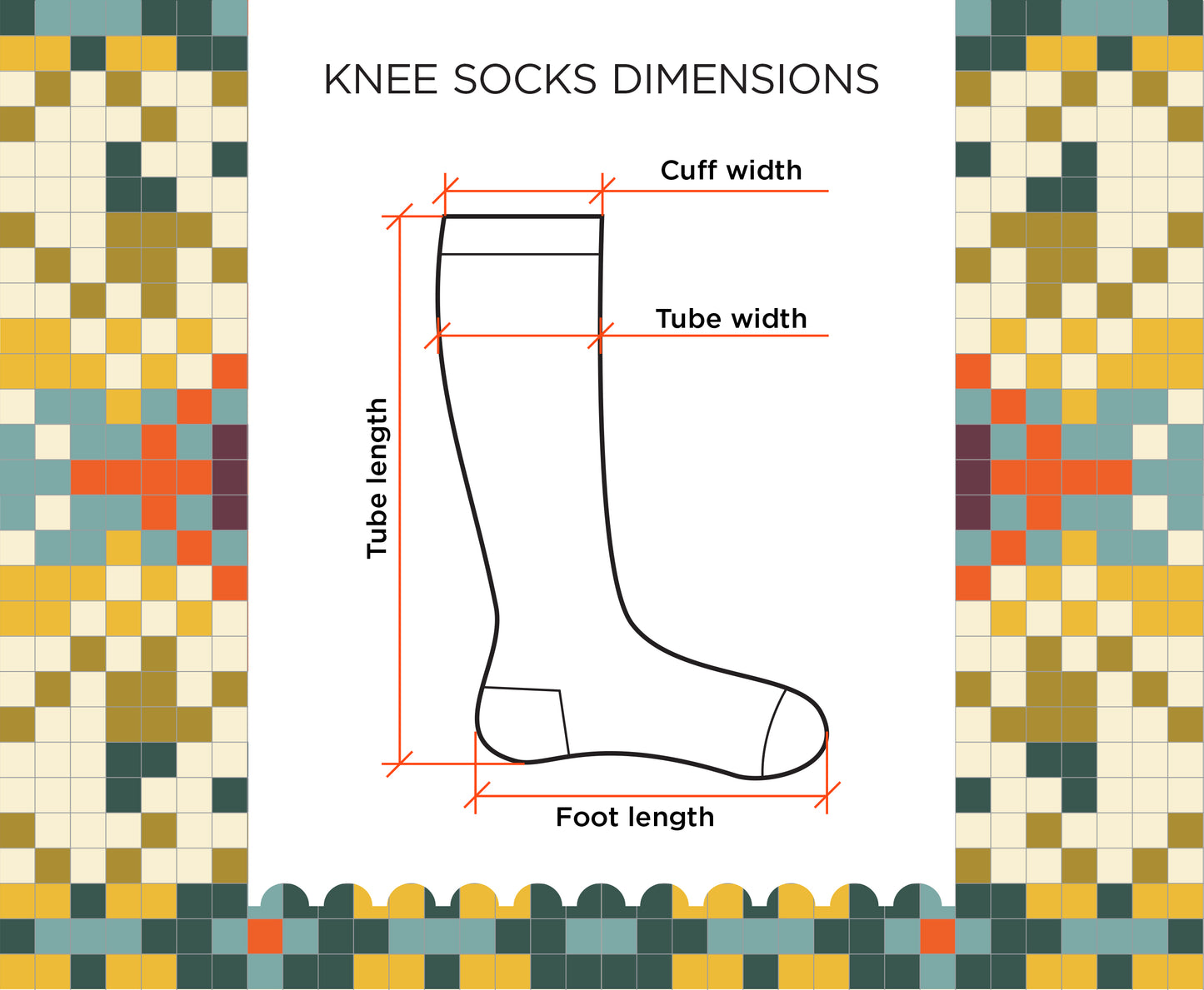 Diagram of knee socks measurements with colorful mosaic pattern on a white background