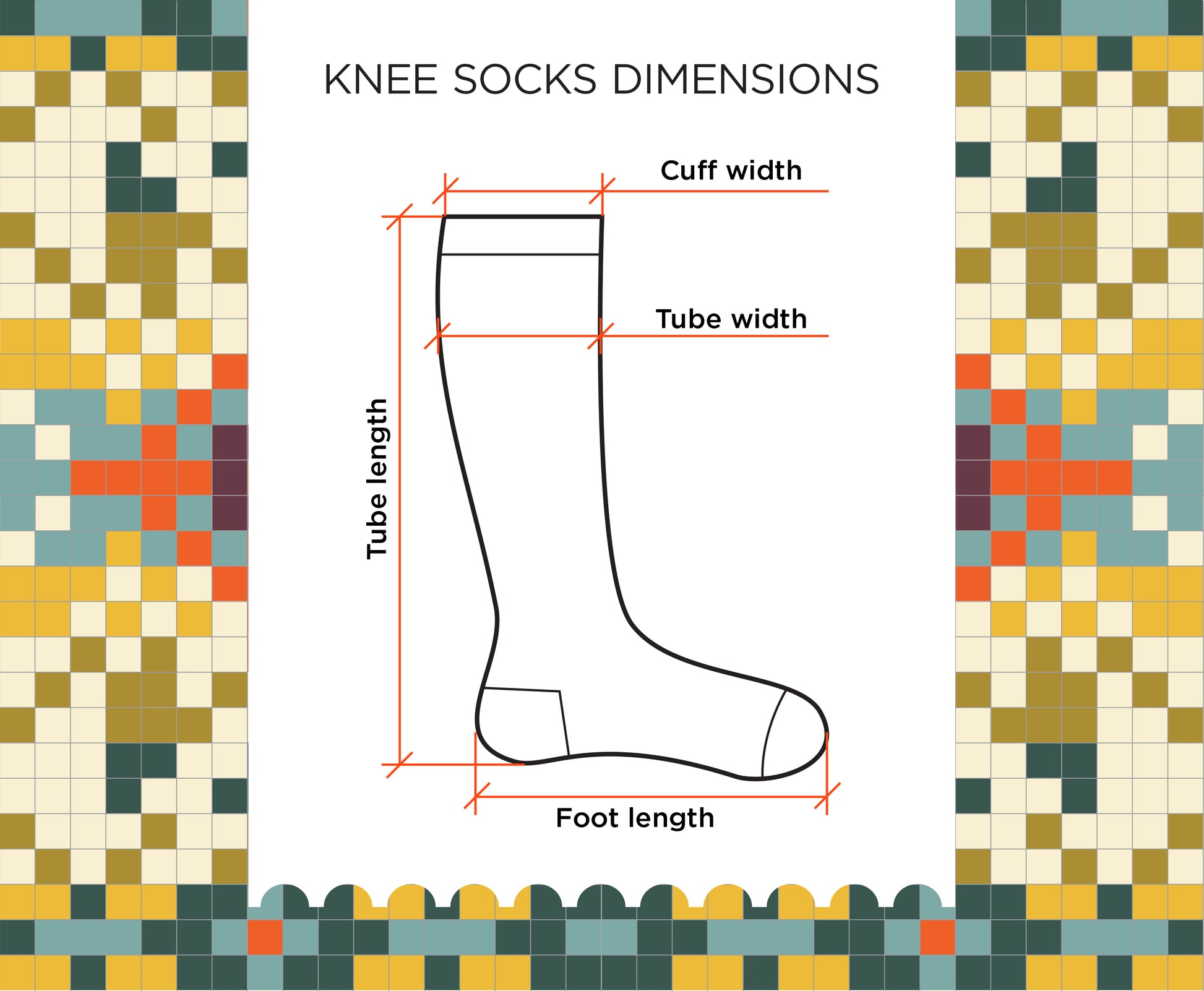 Diagram of knee socks measurements with colorful mosaic pattern on a white background