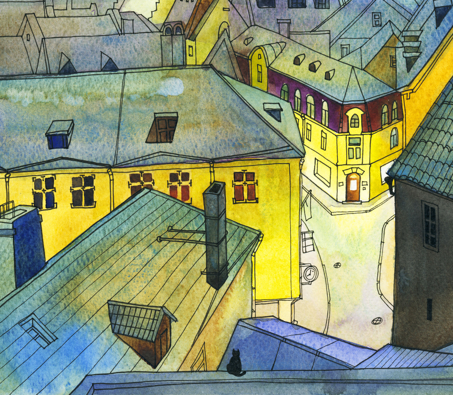 Details of a watercolor and ink illustration of a night view to Pikk street from Kohtuotsa viewpoint in Tallinn with a black cat perched above the rooftops.