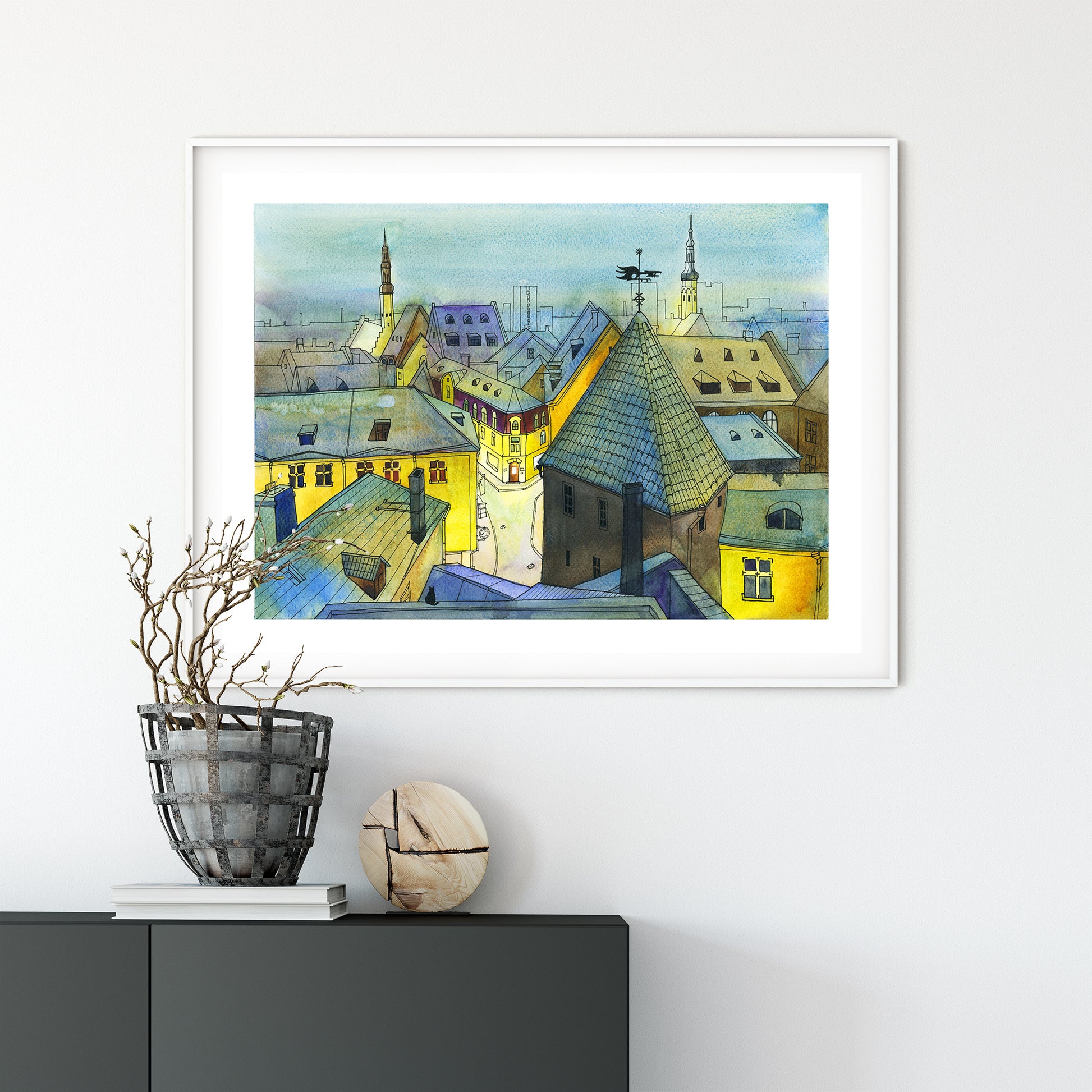 Framed watercolor and ink artwork of a view to Pikk street from Kohtuotsa viewpoint in Tallinn