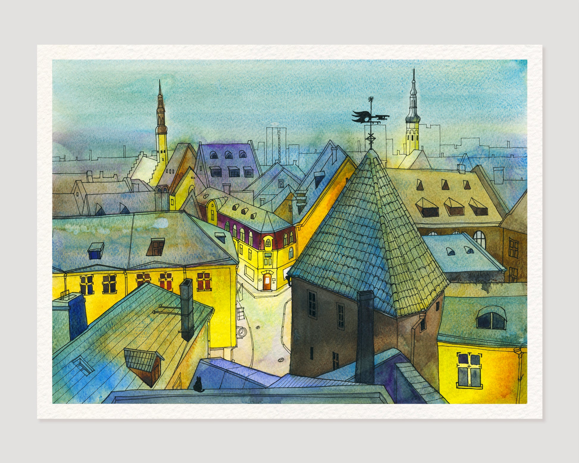 Watercolor and ink illustration of a view to Pikk street from Kohtuotsa viewpoint in Tallinn, and a black cat perched above the gray-blue rooftops.