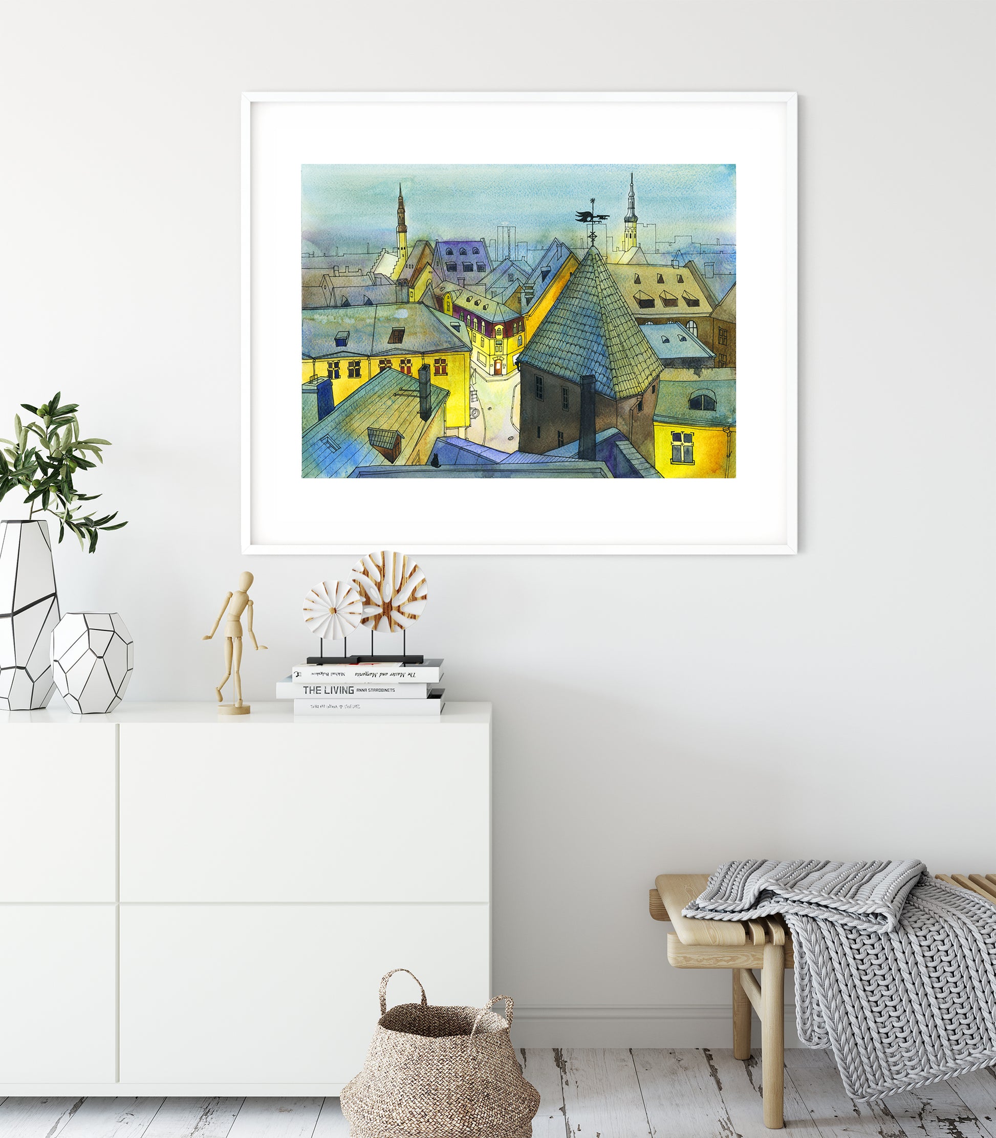 Framed watercolor and ink illustration of a view to Pikk street from Kohtuotsa viewpoint in Tallinn.