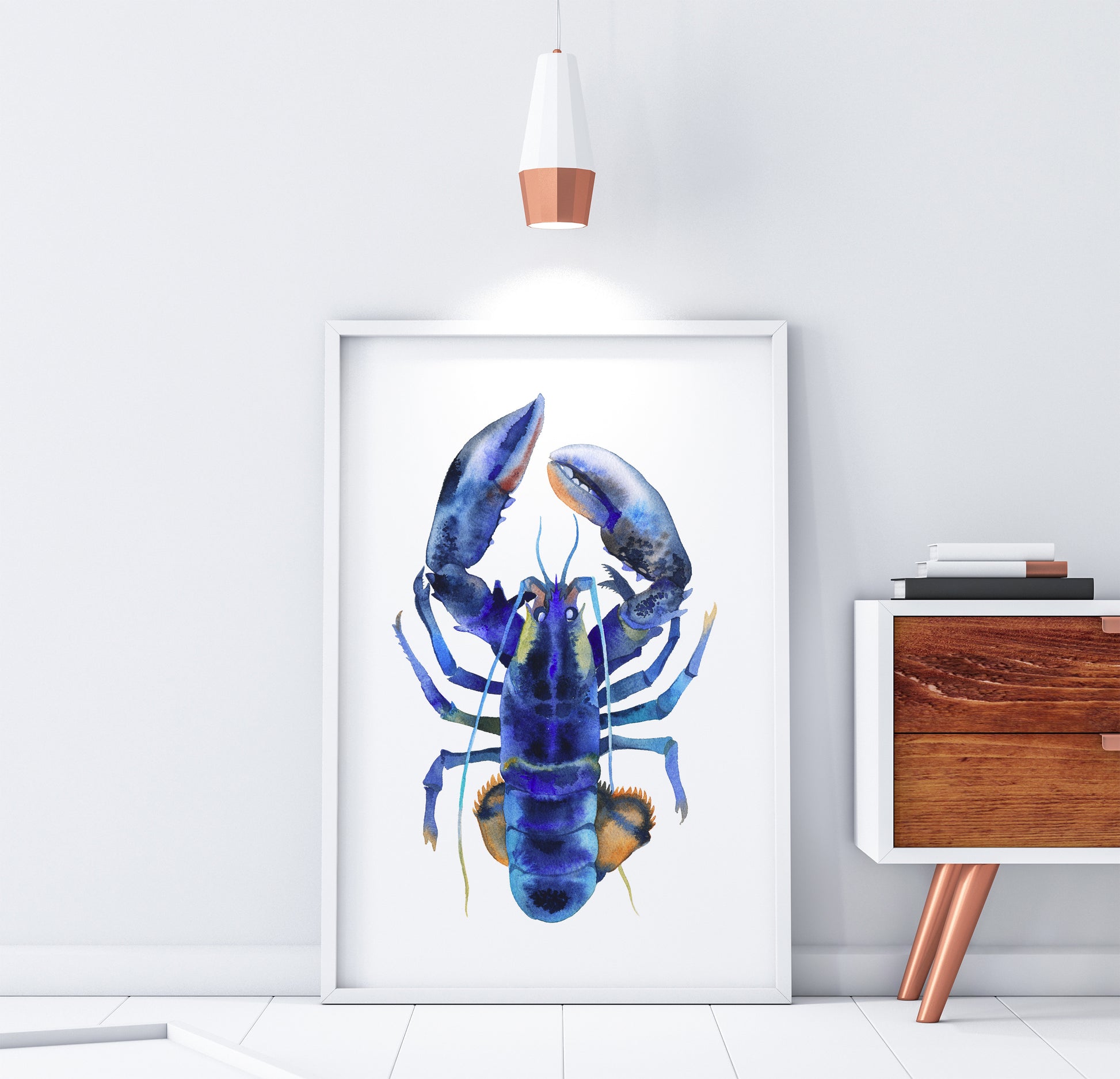 Large blue lobster watercolor art print in a white frame