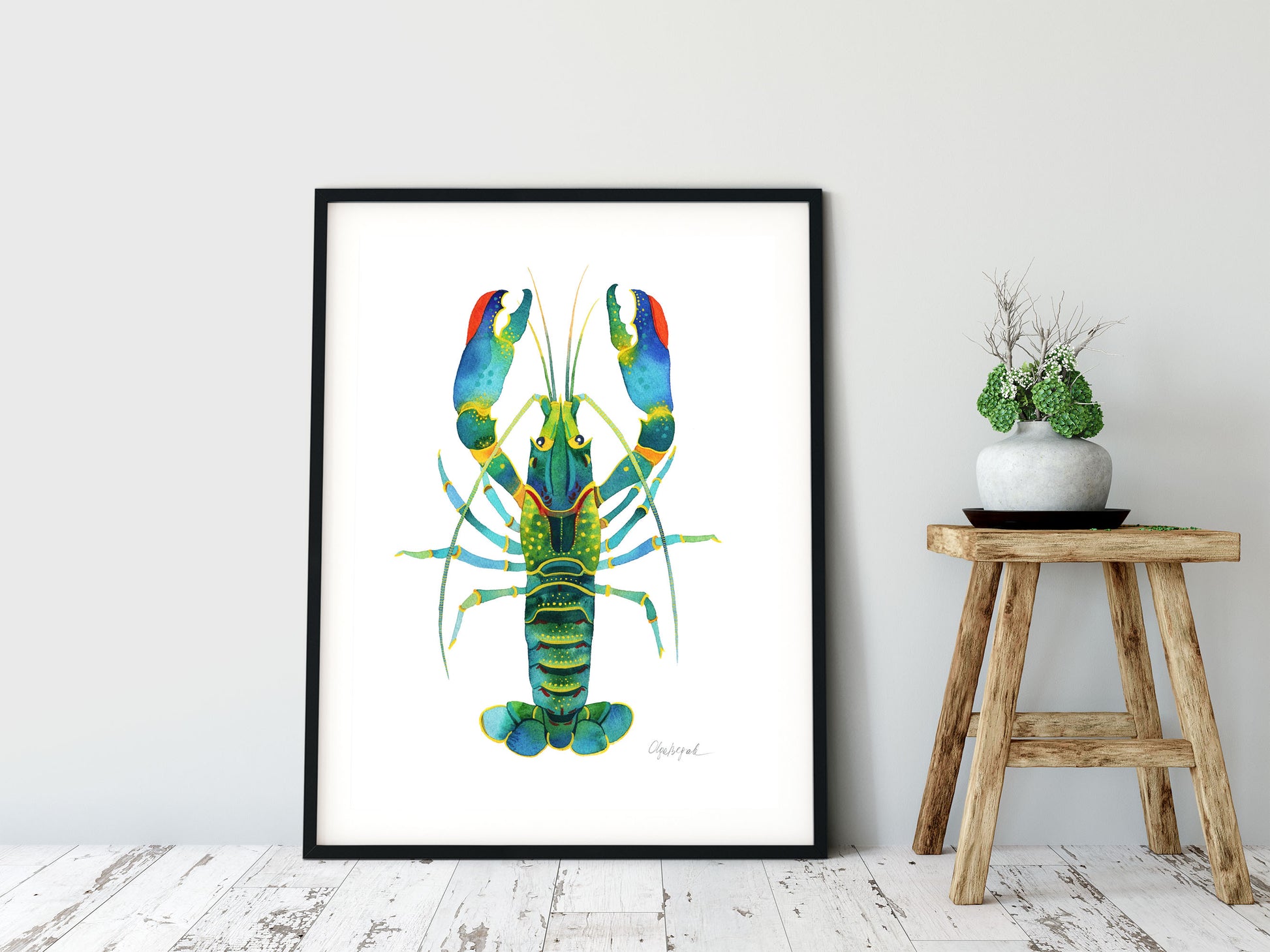 Red Claw Crayfish watercolor art print in a black frame
