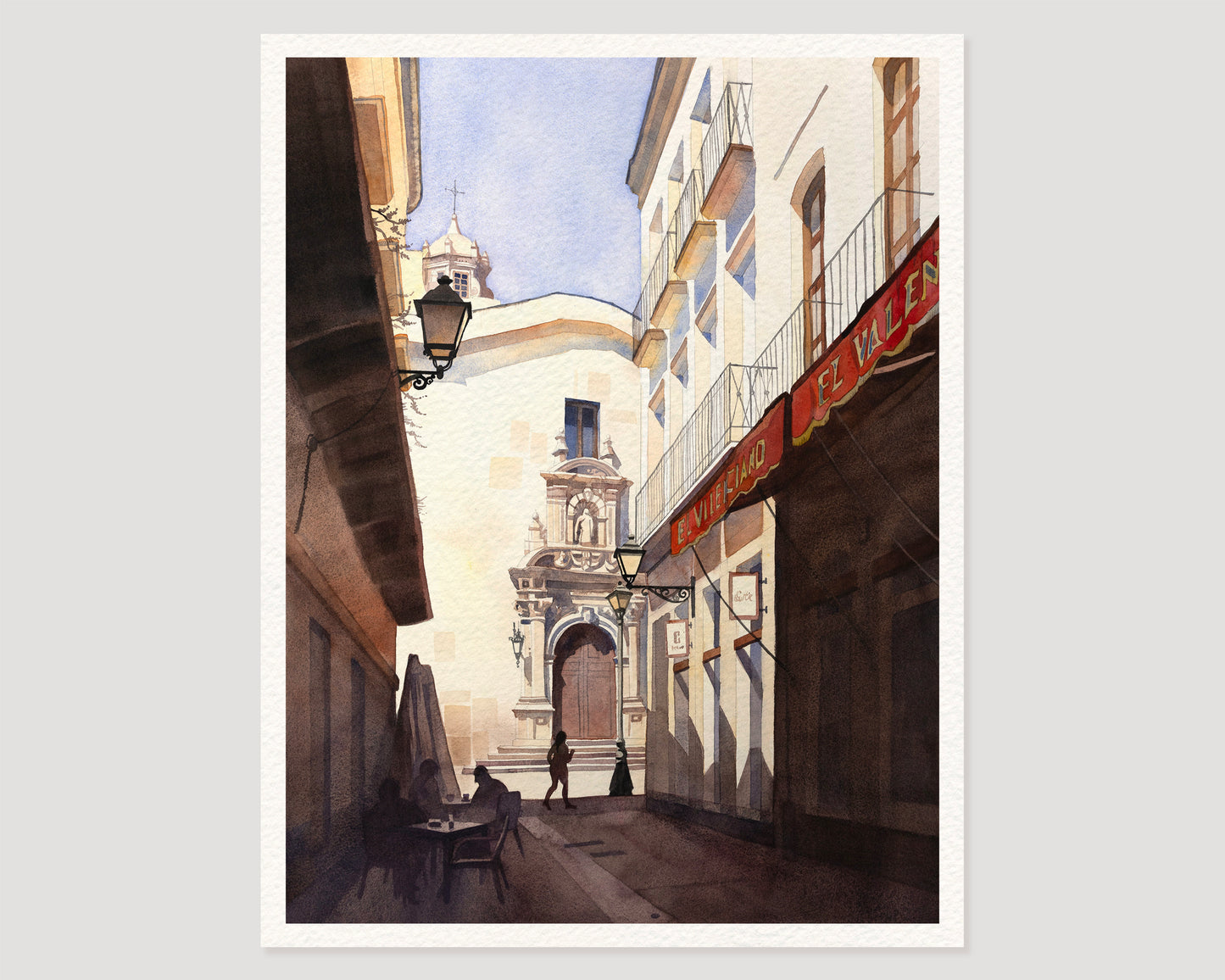 A watercolor features Calle de las Tiendas— a view from El Valenciano shop toward the Royal Monastery of the Incarnation (Las Claras) in Almería's old town in Spain