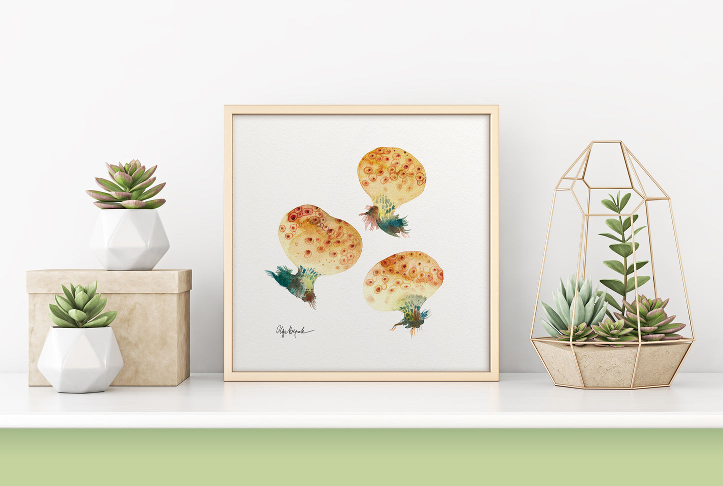 A framed botanical print featuring watercolor study of three mushrooms