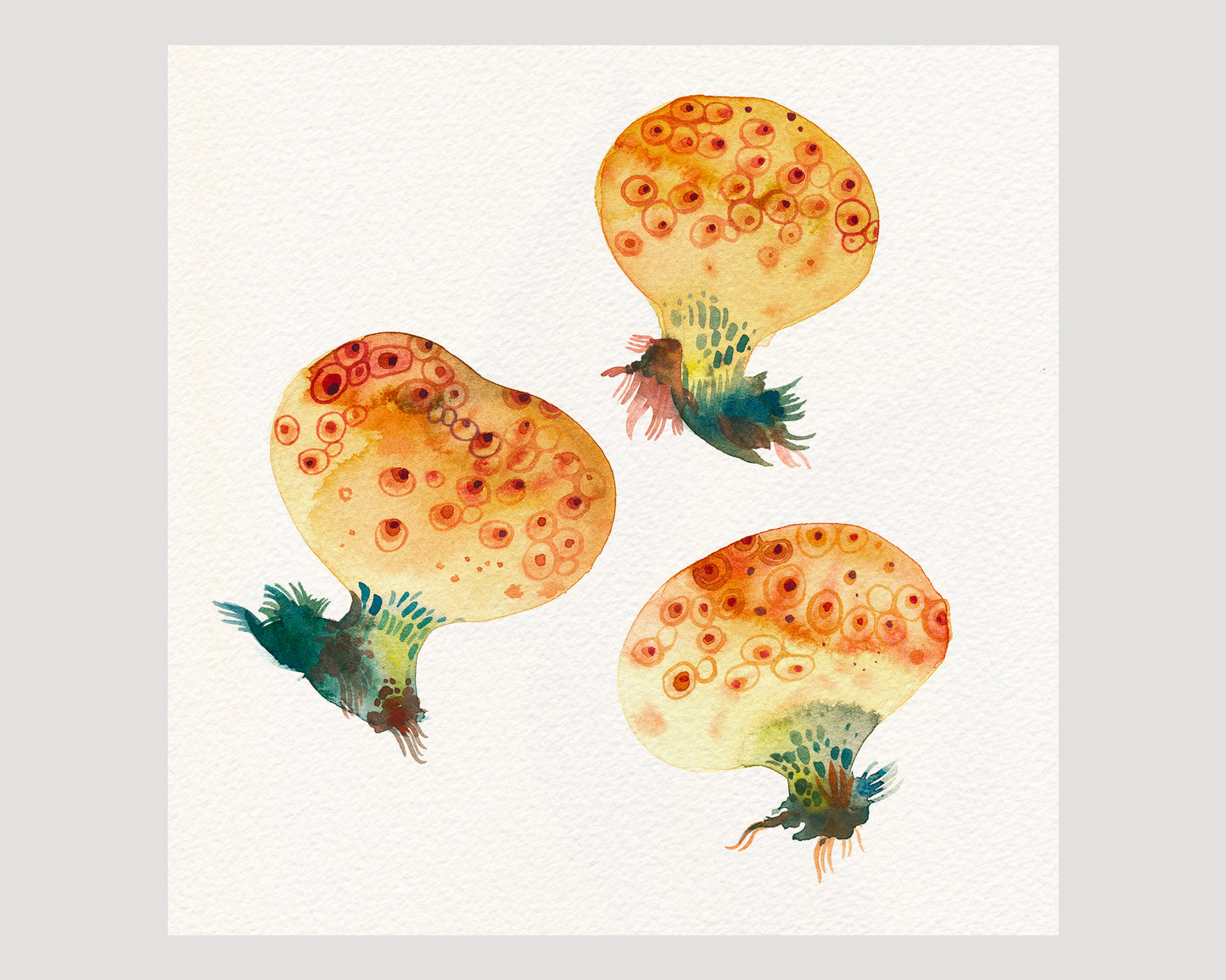 Watercolor art print showing three mushroom illustrations in warm beige, orange, and green tones on a white square textured paper.
