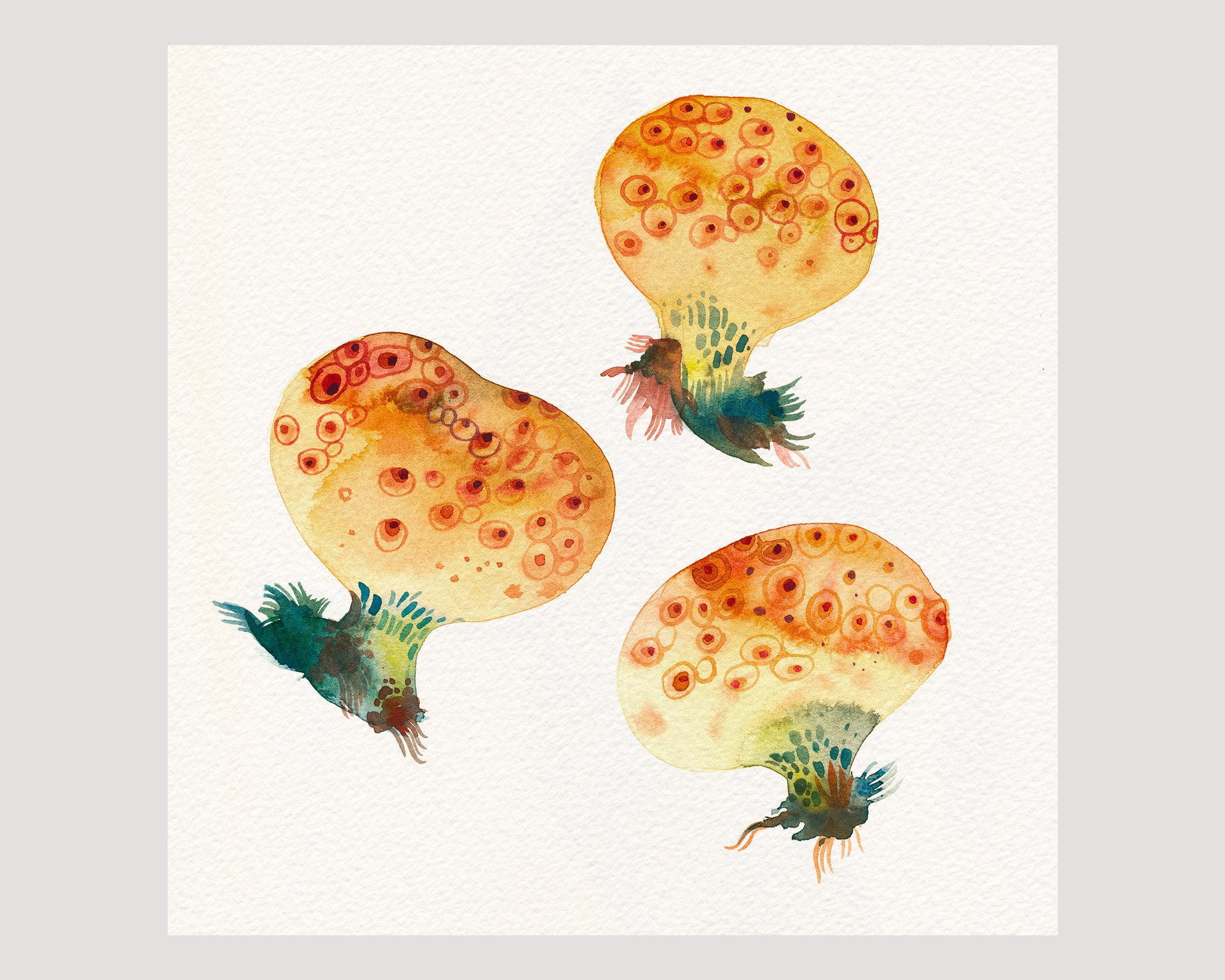 Watercolor art print showing three mushroom illustrations in warm beige, orange, and green tones on a white square textured paper.