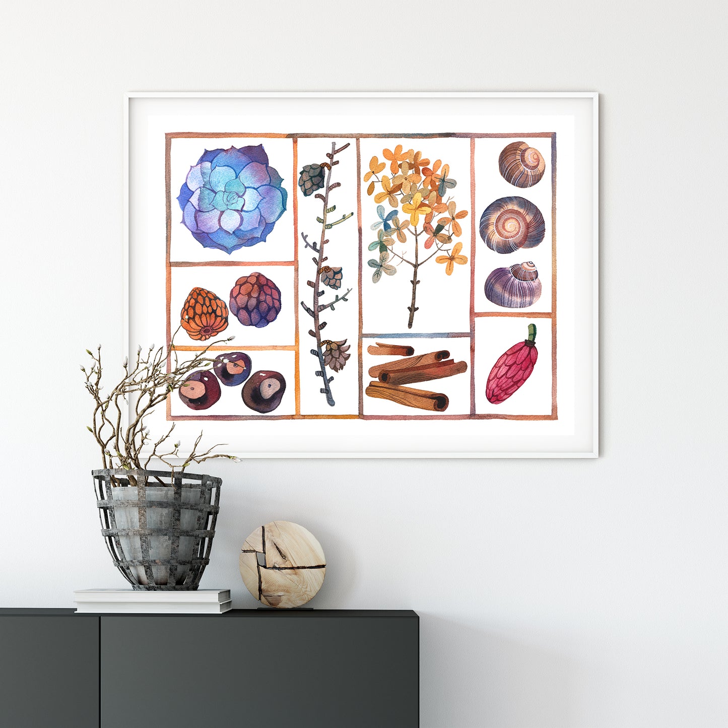 Framed specimen box watercolor art print displayed on a white wall