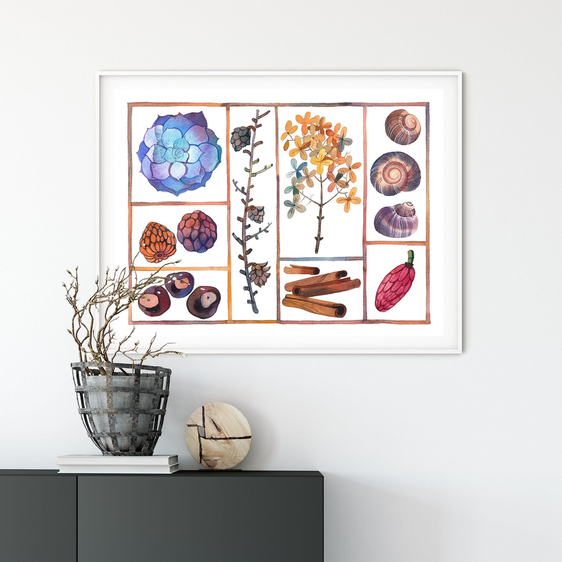 Framed specimen box watercolor art print displayed on a white wall