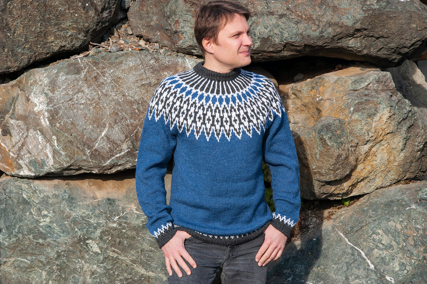 A man wearing a blue knit Icelandic sweater with a white and black geometric Fair Isle yoke pattern, standing outdoors against a background of large natural rocks.