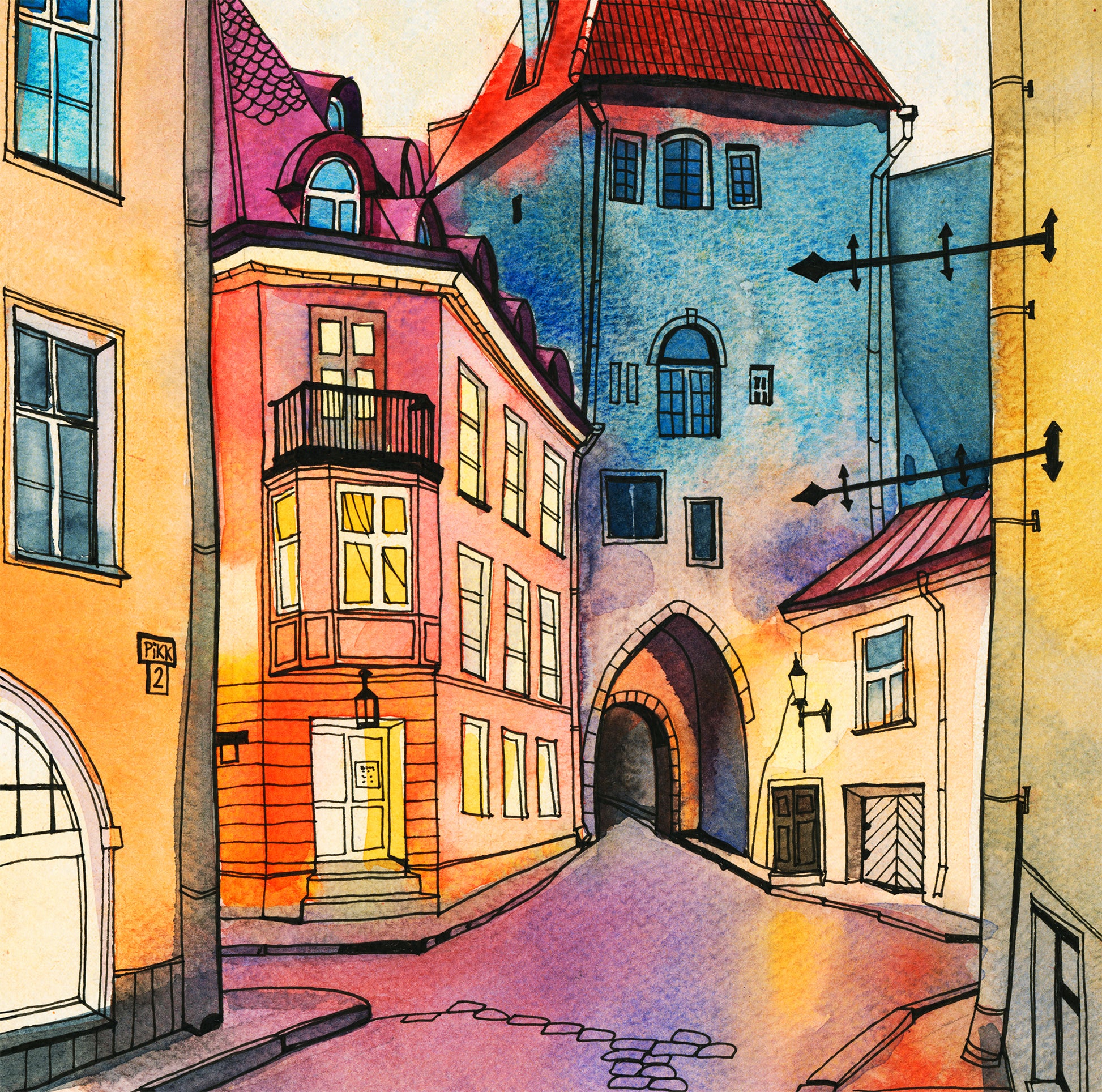 Detail view of a watercolor and ink illustration of Pikk street in Old Tallinn, Estonia