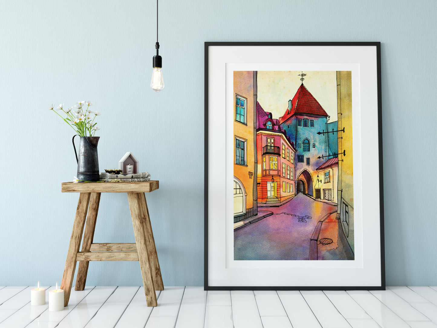 Watercolor and ink artwork featuring Pikk street in Old Tallinn, displayed in a black frame.