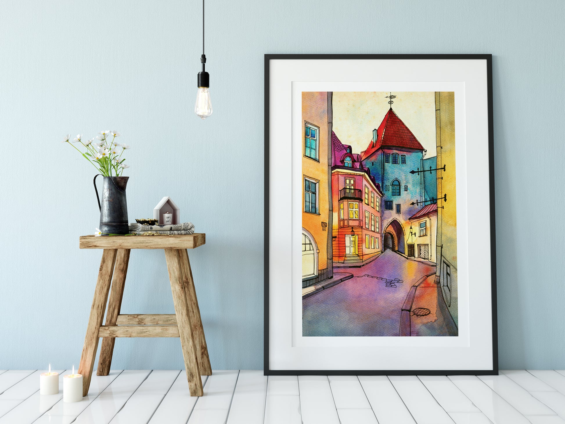 Watercolor and ink artwork featuring Pikk street in Old Tallinn, displayed in a black frame.