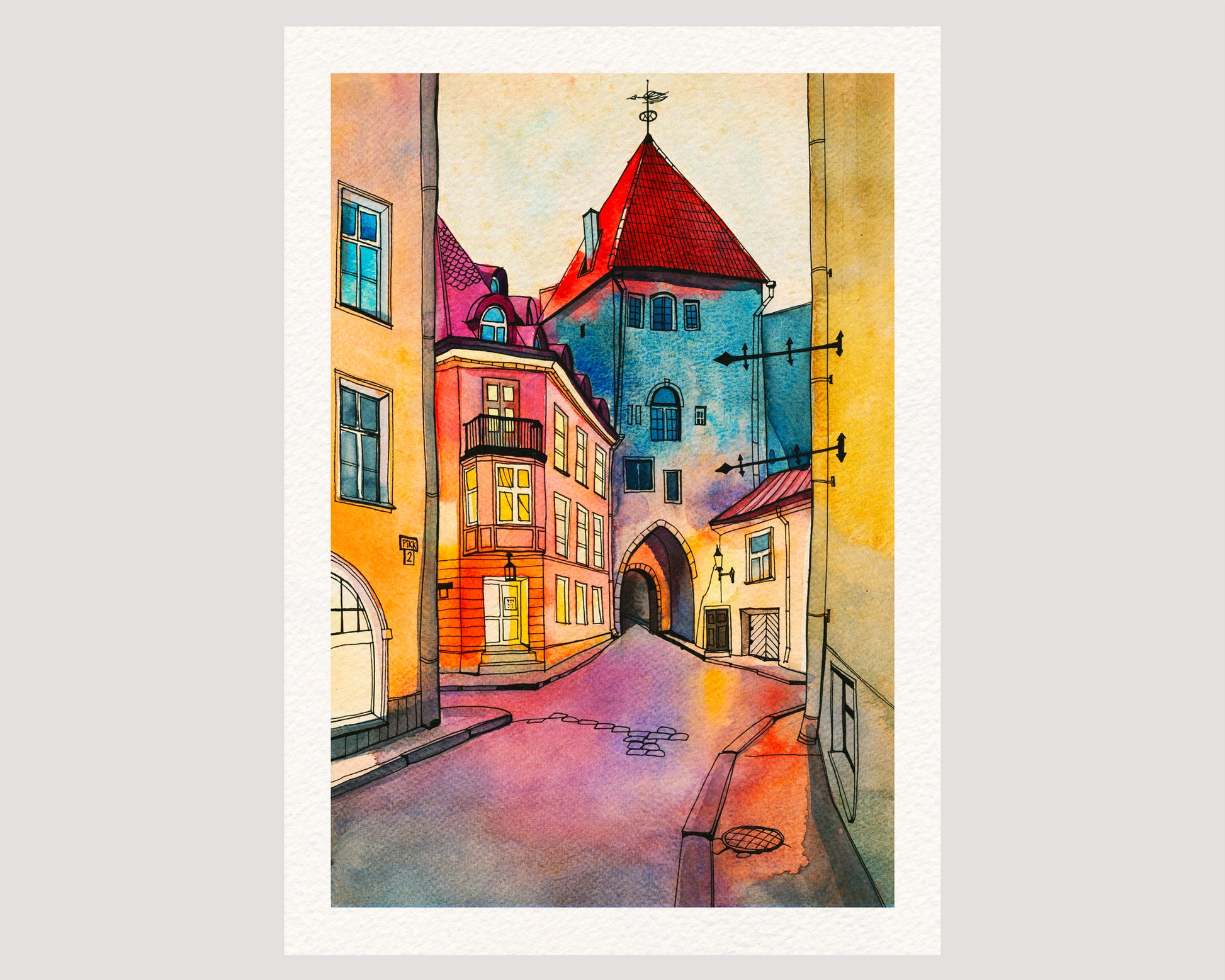 Watercolor and ink artwork depicting Pikk street in Old Tallinn, Estonia