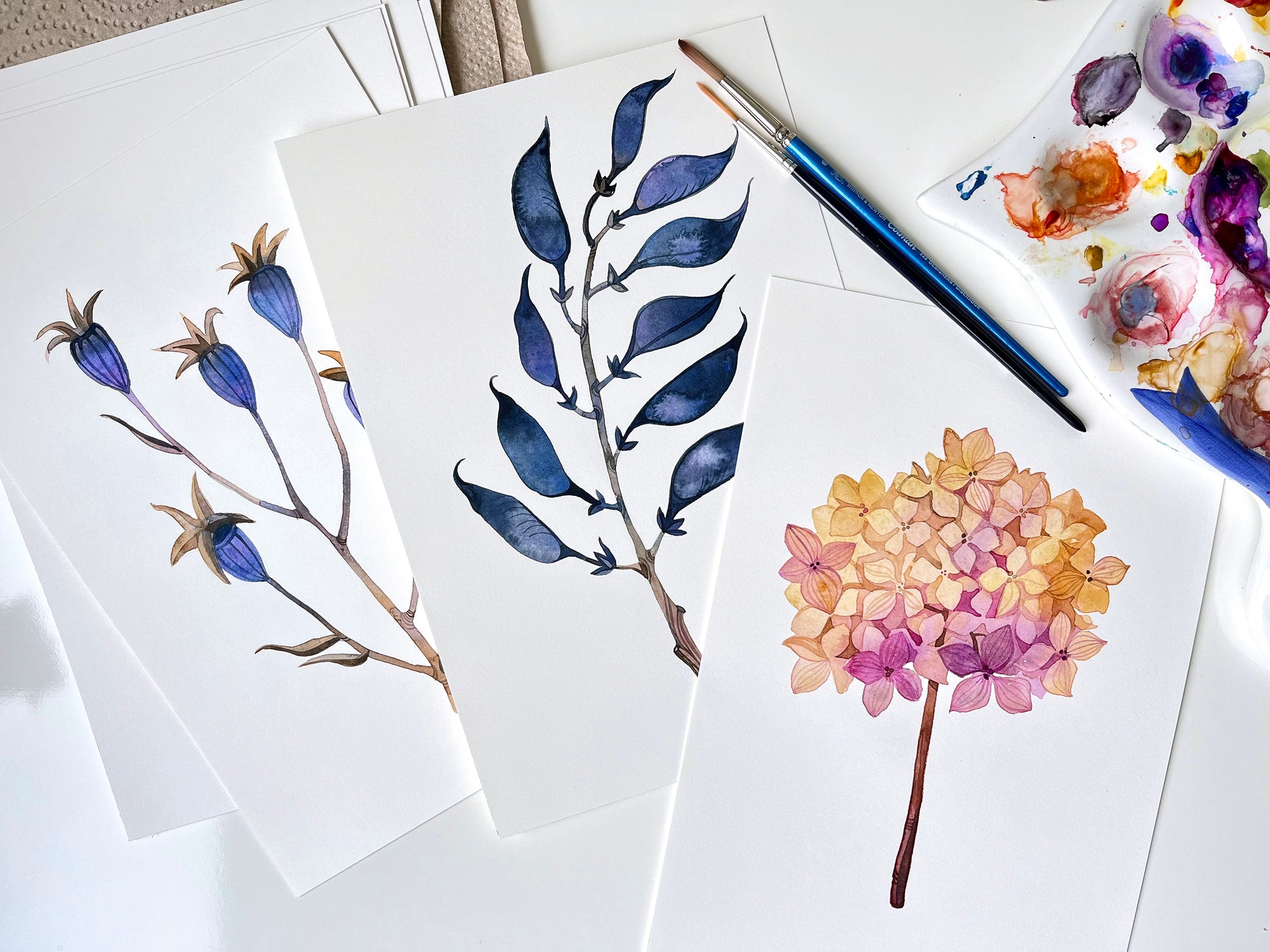 Three original botanical watercolor studies accompanied by art supplies