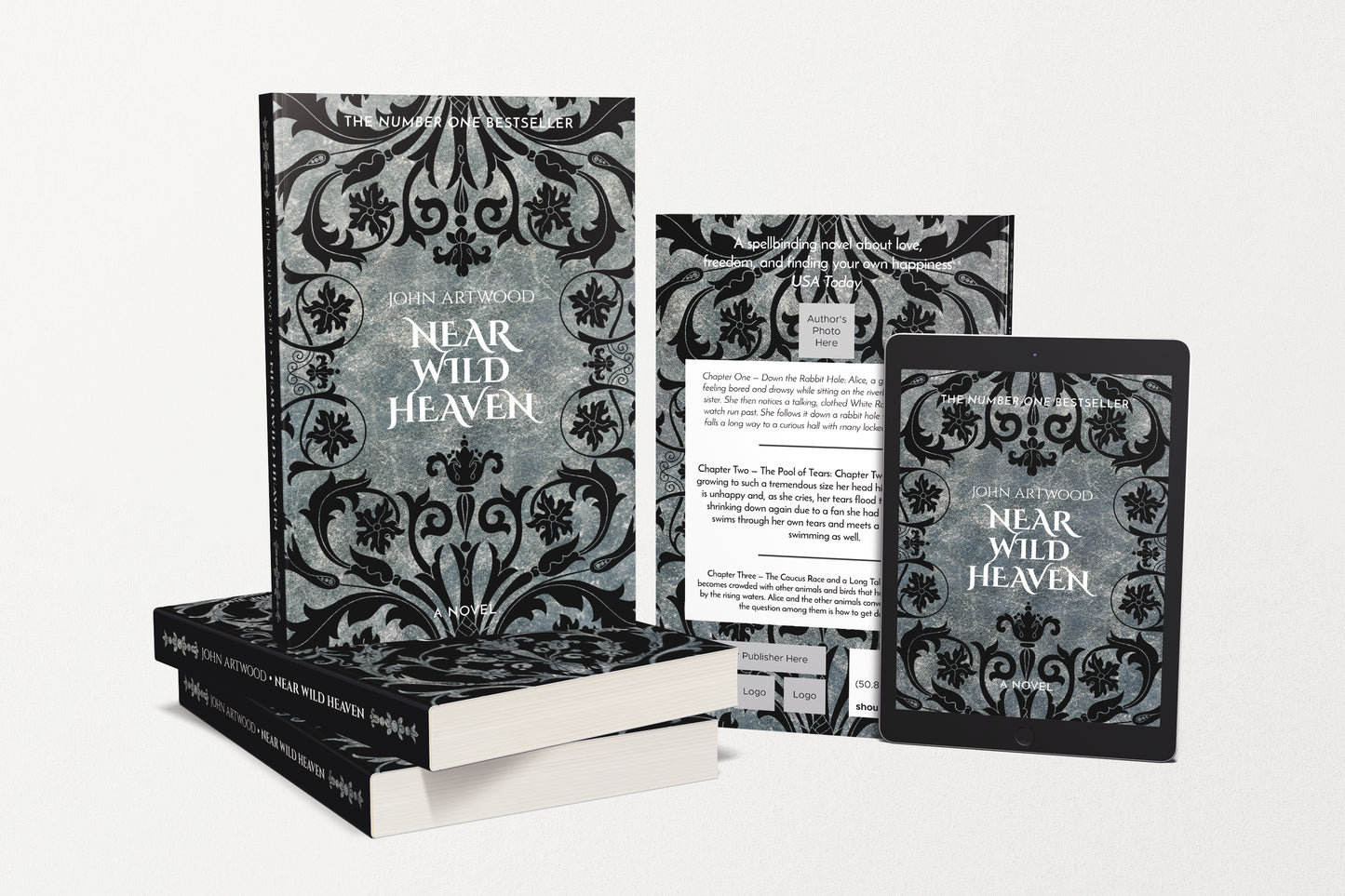 A paperback and e-book book covers featuring black baroque ornament on a silver background
