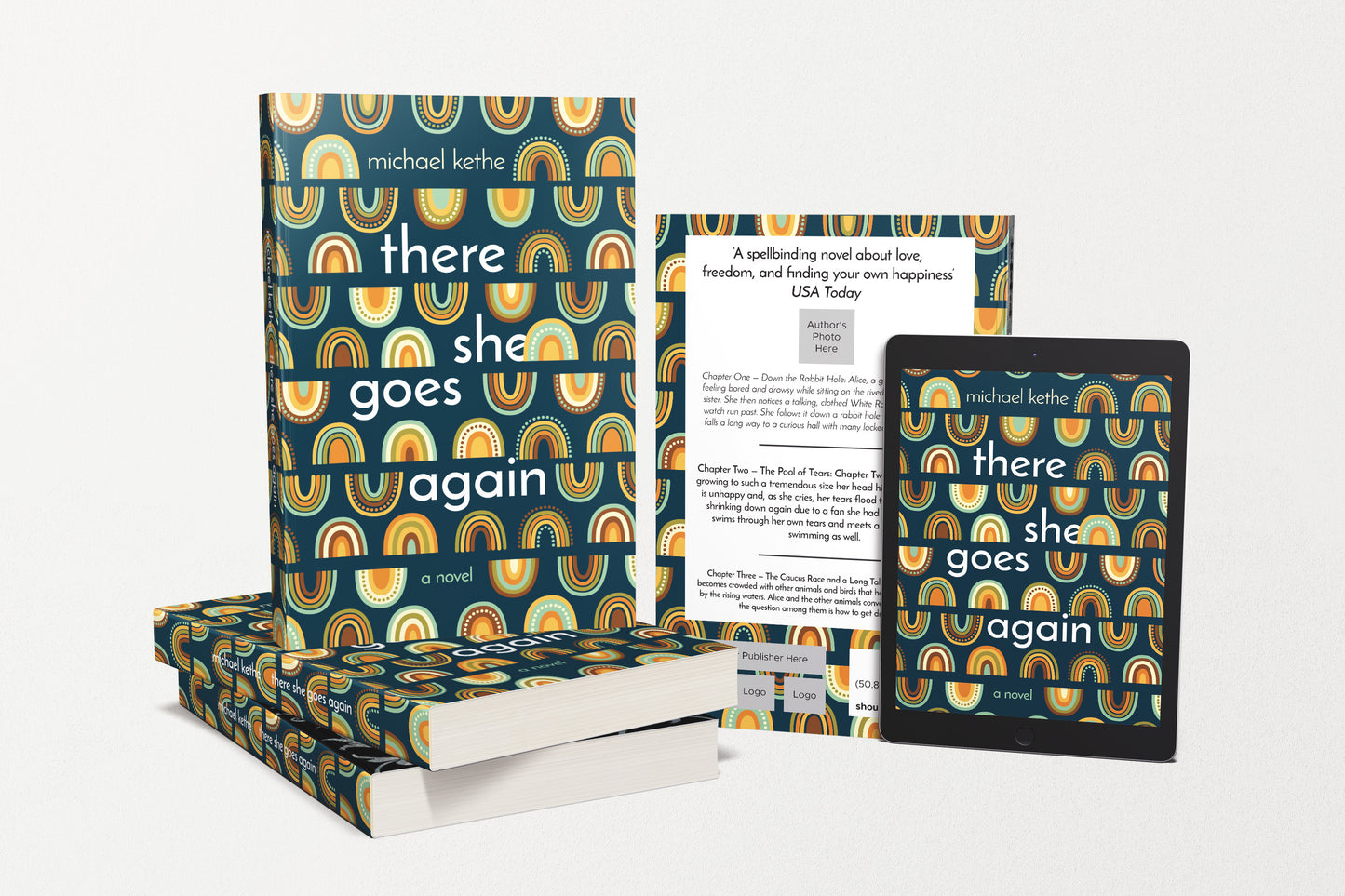 A paperback and e-book book covers featuring colorful rainbow ornament on a dark teal background