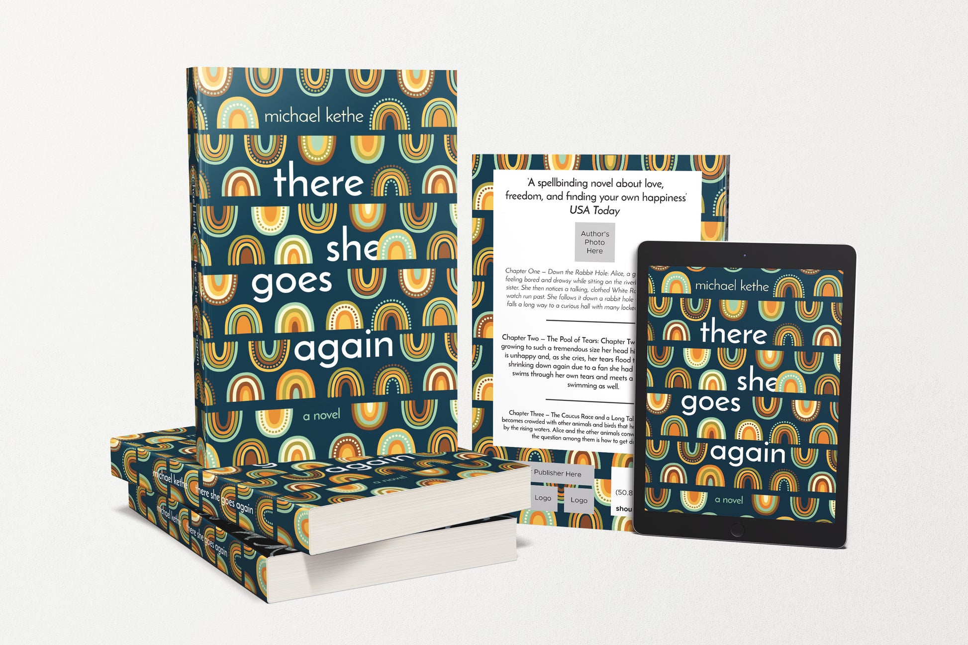 A paperback and e-book book covers featuring colorful rainbow ornament on a dark teal background