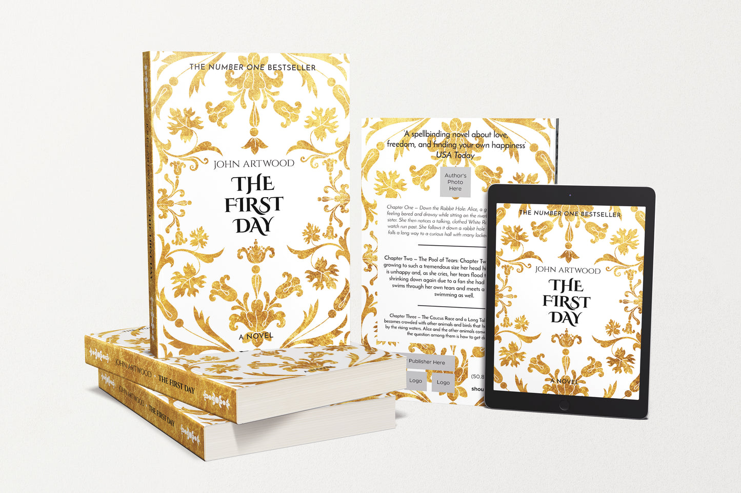 A customizable book cover design template displayed in a paperback format with a floral gold design on a white background. A digital version of the cover is shown on a tablet, and a printed version is placed on a white shelf.