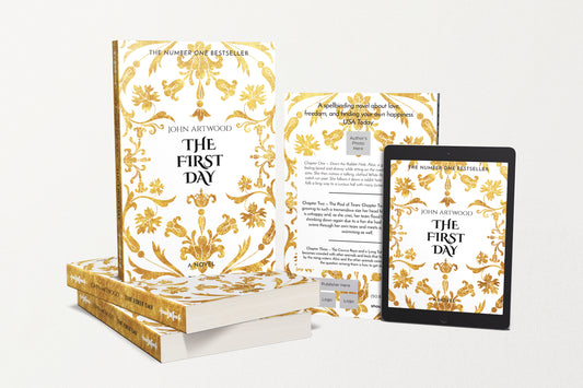 A customizable book cover design template displayed in a paperback format with a floral gold design on a white background. A digital version of the cover is shown on a tablet, and a printed version is placed on a white shelf.