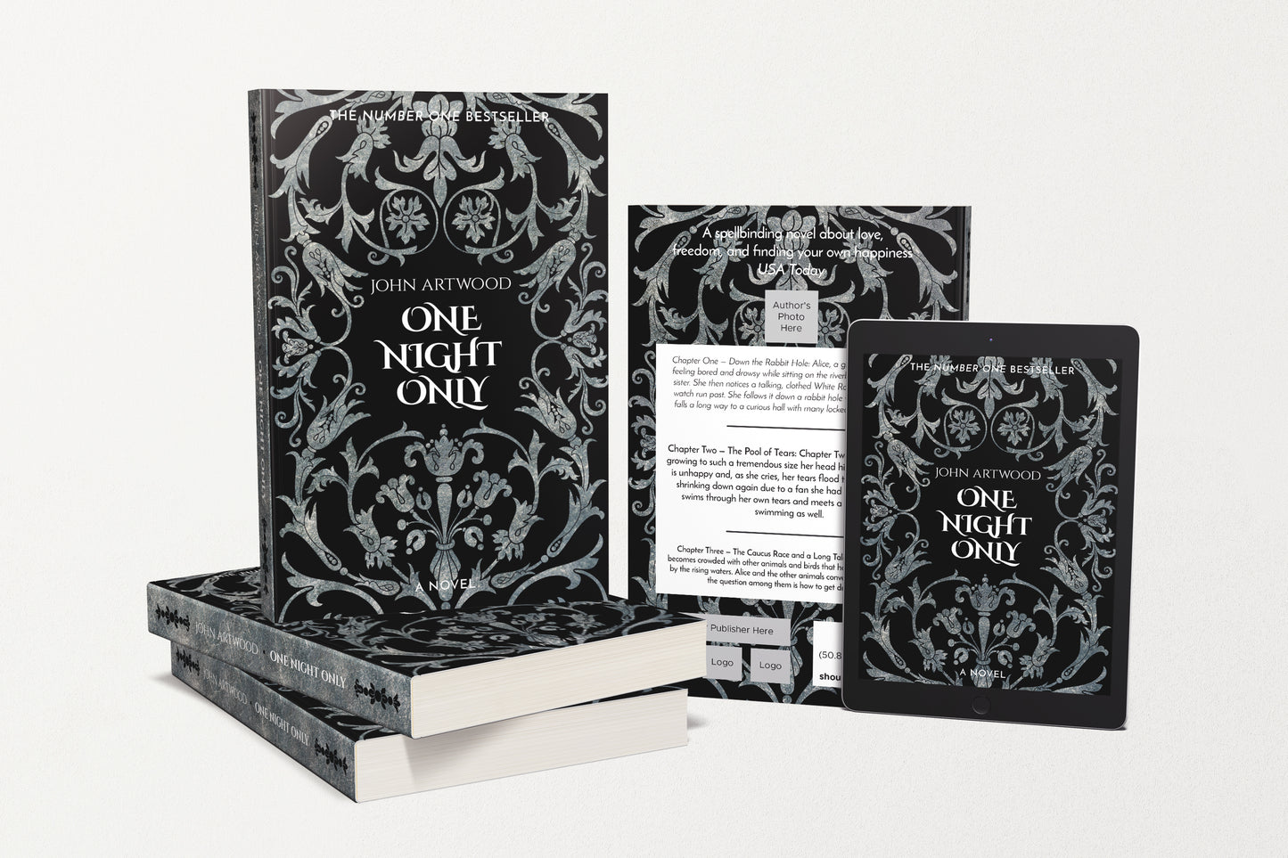 A set of book cover designs with silver baroque ornament on a bblack background, available in different sizes for various book formats, paperback and e-book.
