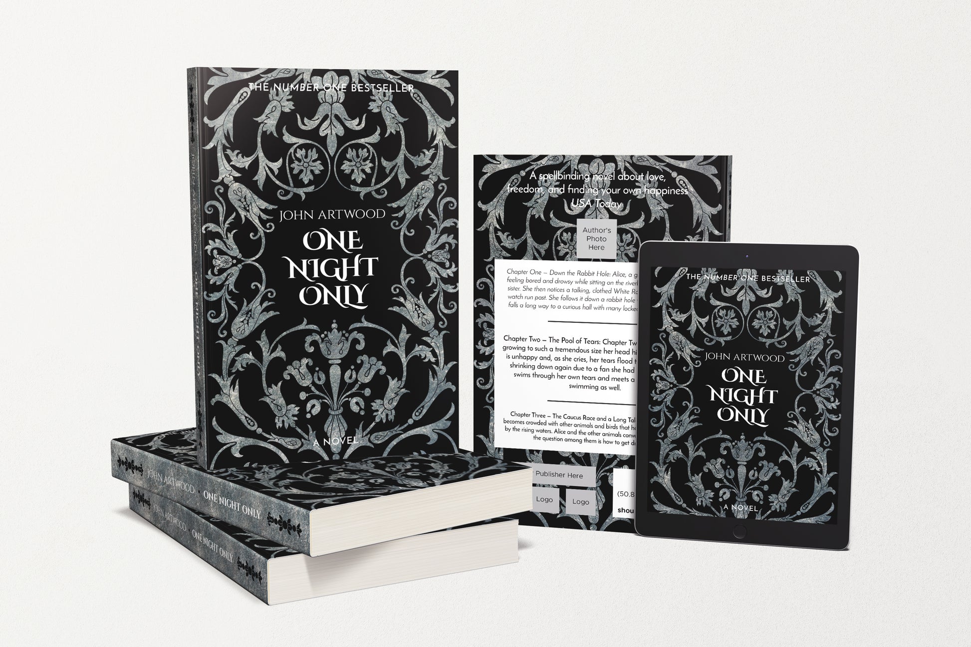 A set of book cover designs with silver baroque ornament on a bblack background, available in different sizes for various book formats, paperback and e-book.