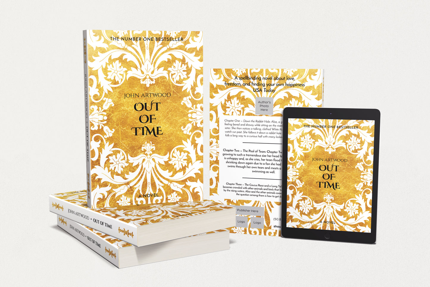 A customizable book cover design template with a gold and white floral pattern layout, displayed in various states including as a printed book, an e-book, and a digital tablet screen.
