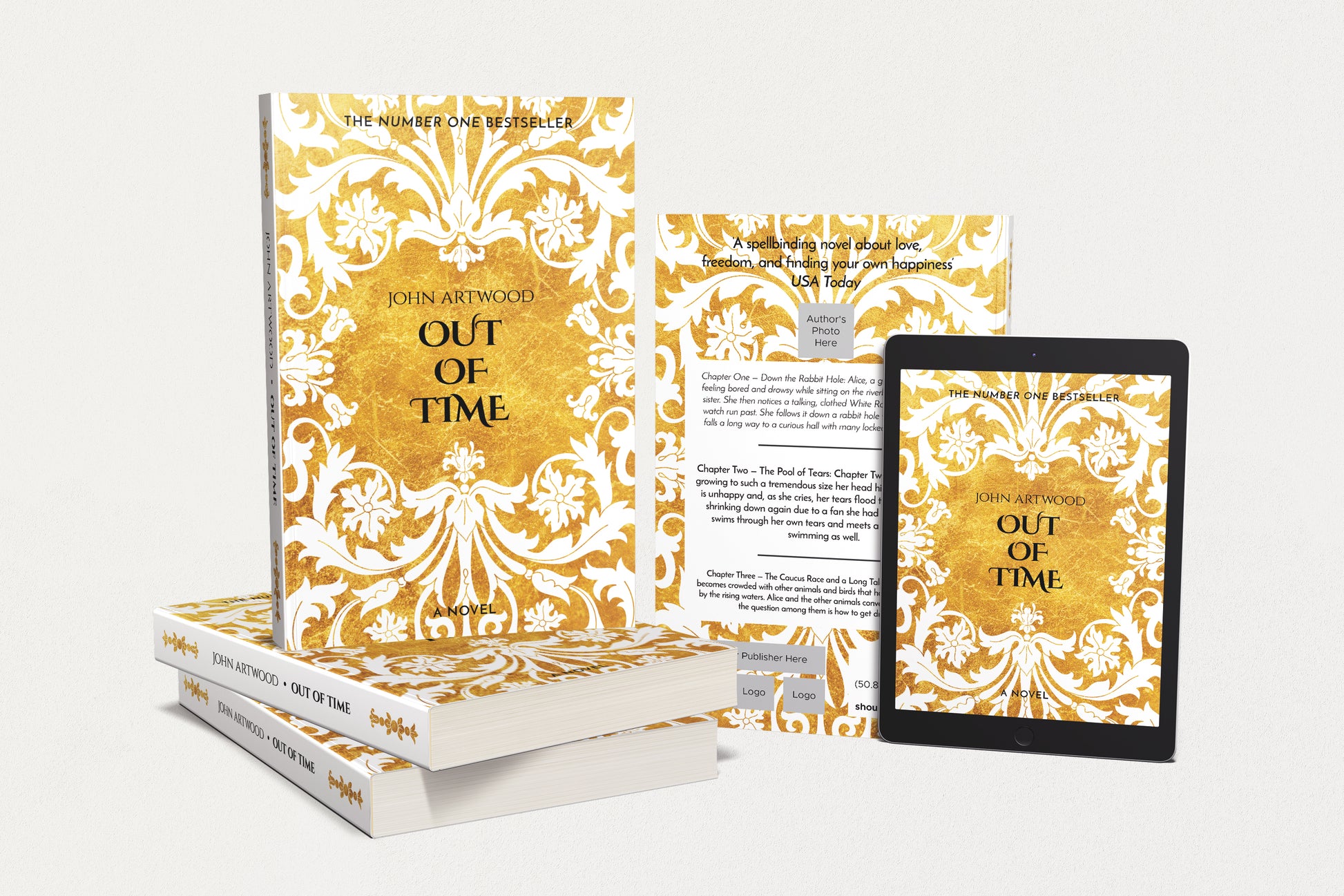 A customizable book cover design template with a gold and white floral pattern layout, displayed in various states including as a printed book, an e-book, and a digital tablet screen.