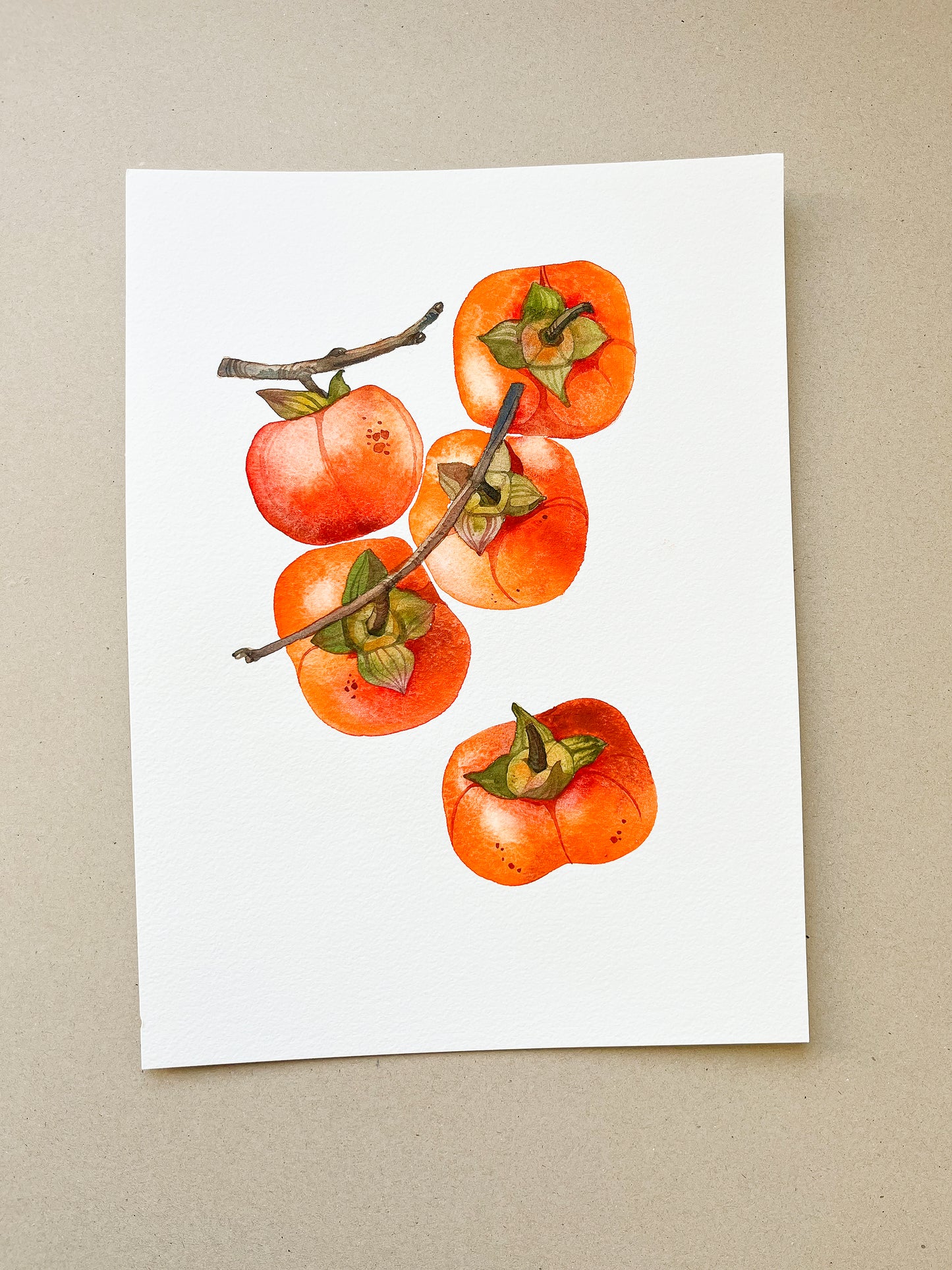 Original watercolor artwork of a persimmon branch with fruits