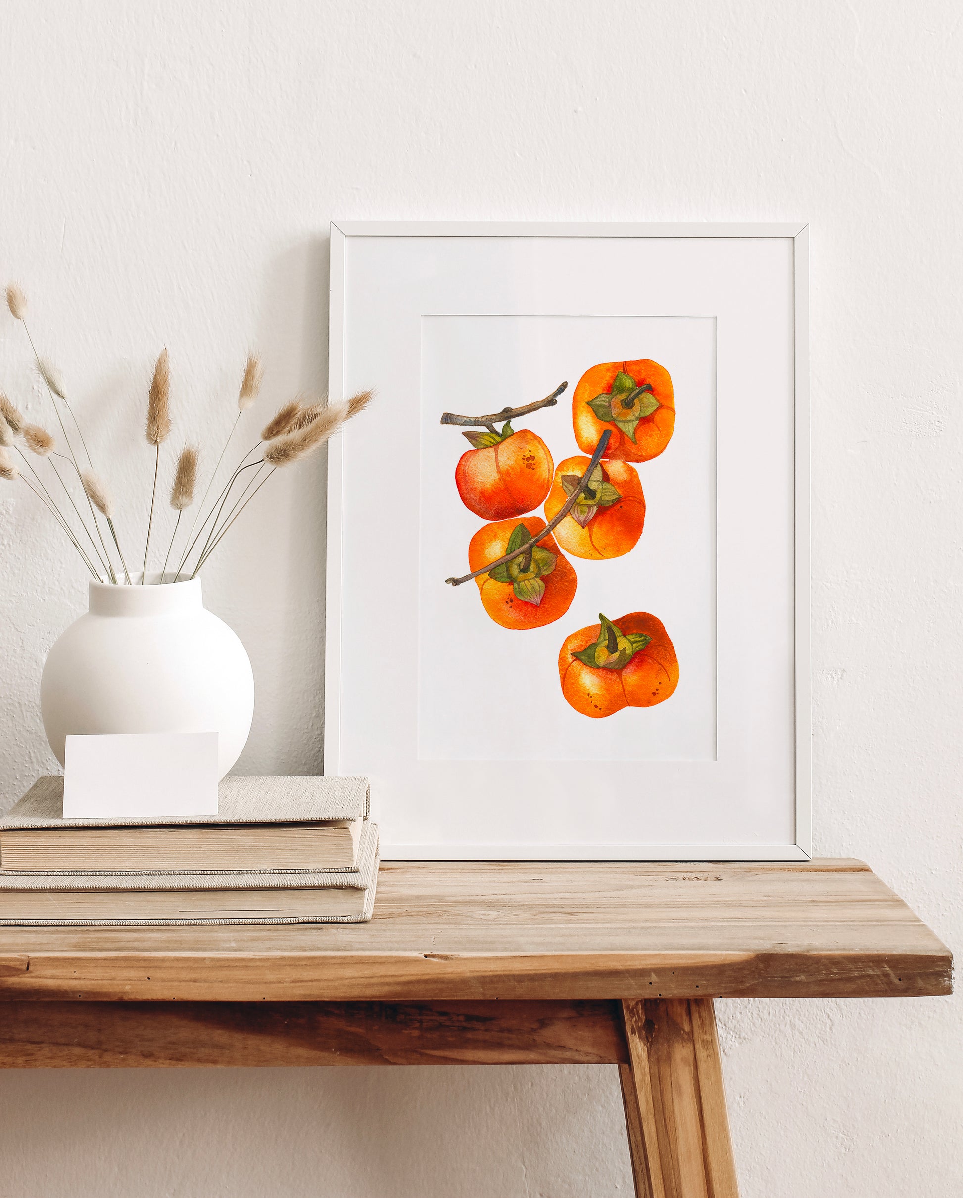 Framed persimmon branch watercolor art print