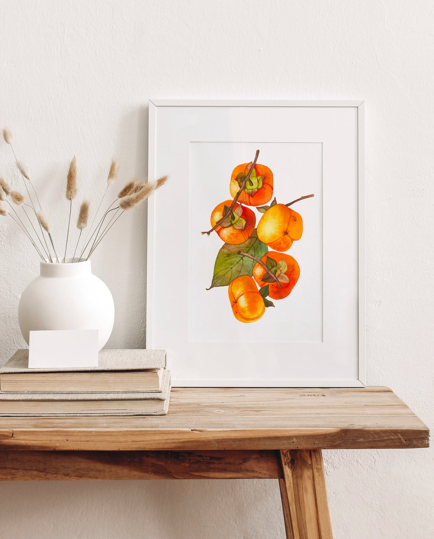 Framed persimmon branch with fruits and leaf watercolor print