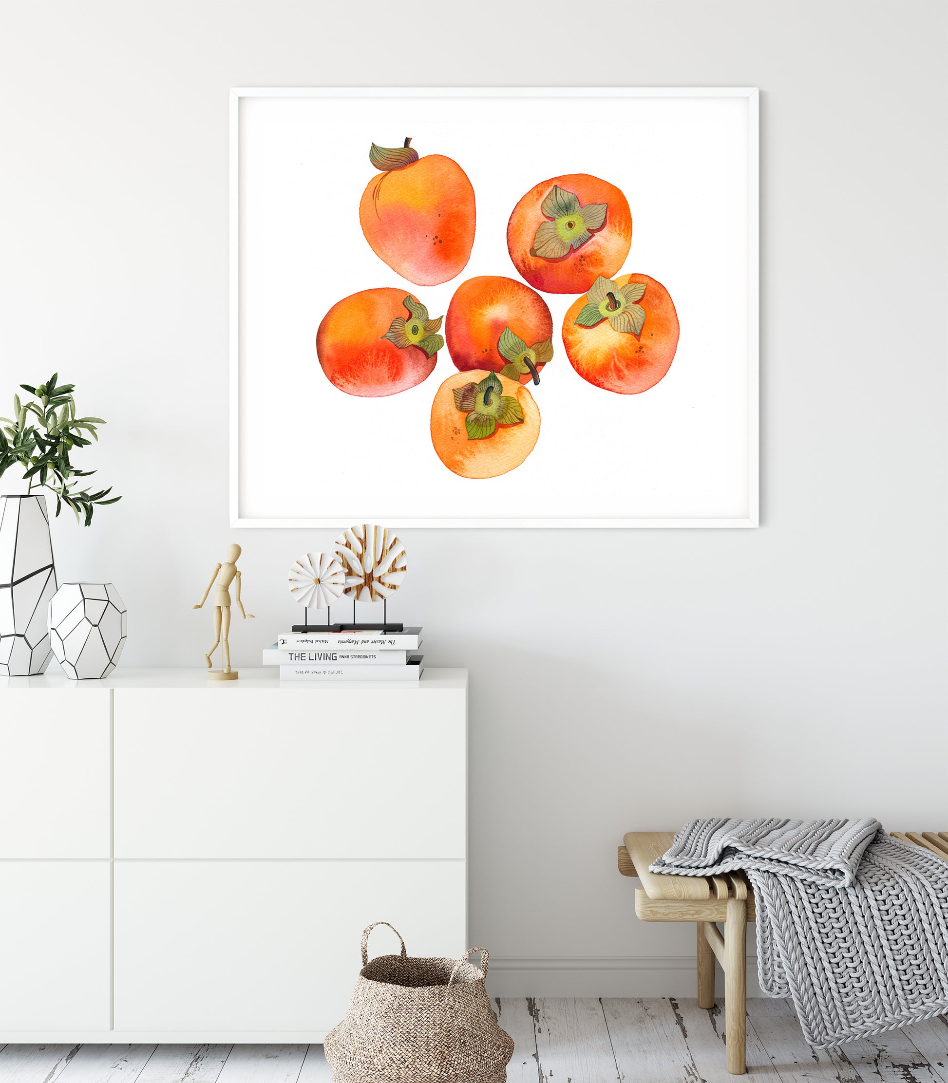 Framed persimmons watercolor art print, displayed on a wall