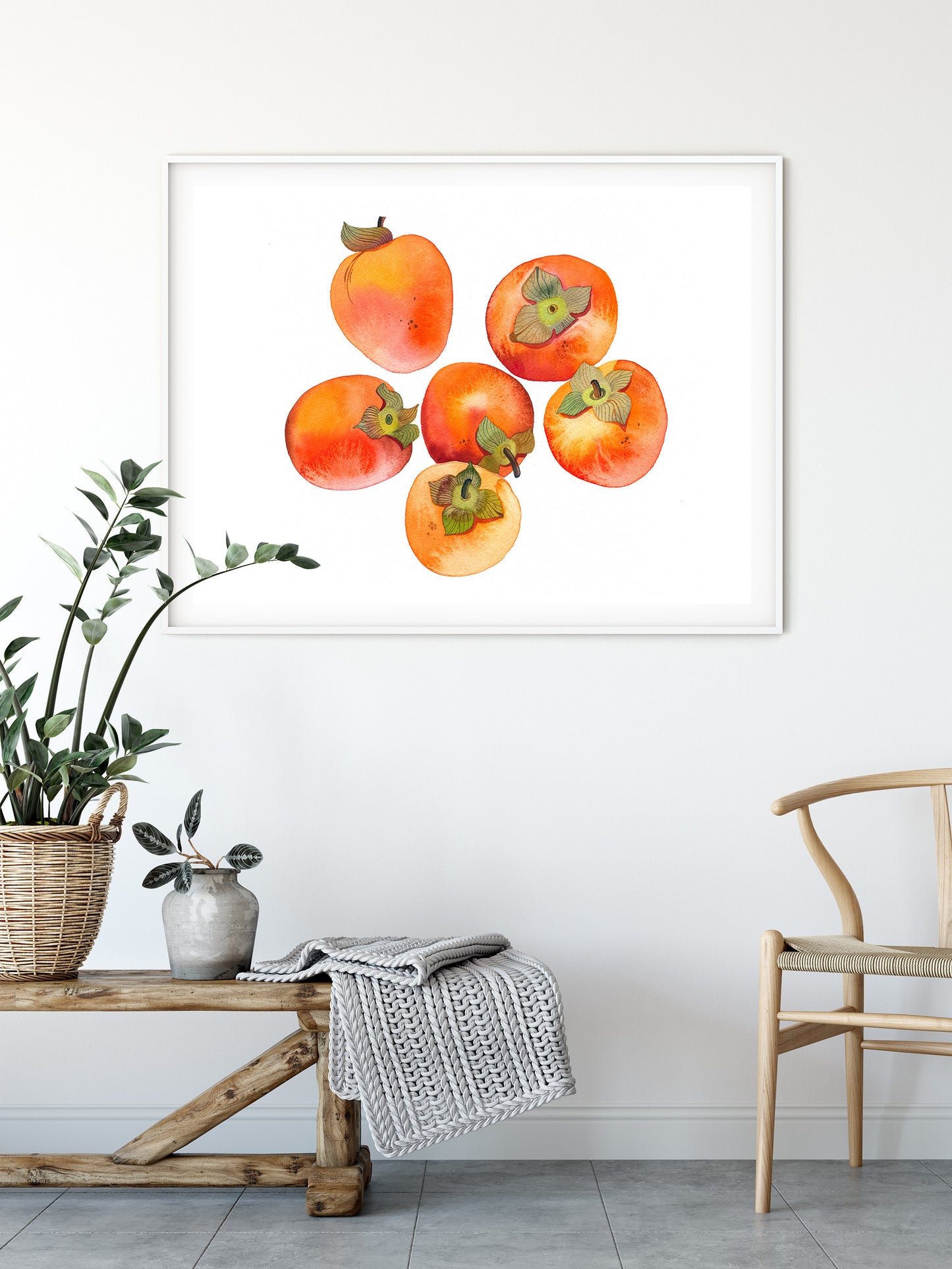 Large persimmons watercolor art print in a frame