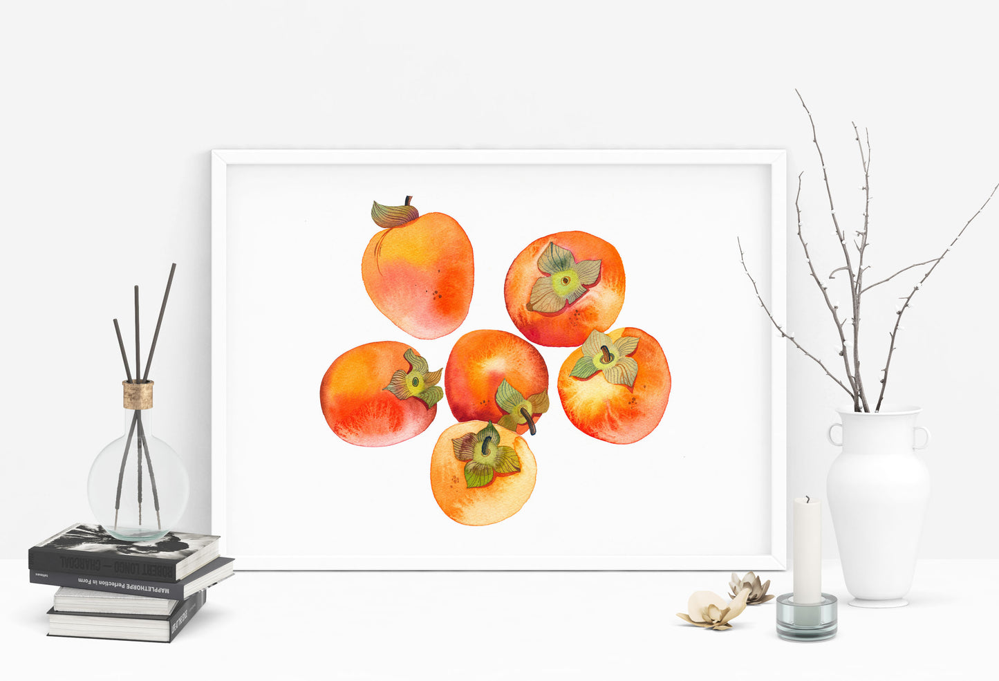 Small persimmons watercolor art print in a white frame