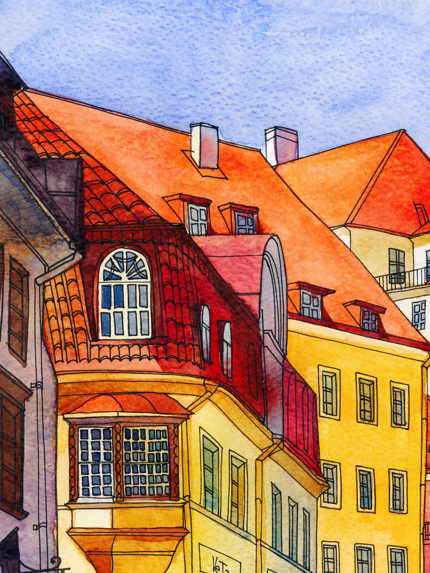 Detail view of rooftops in a watercolor and ink artwork of Pikk Street in Tallinn with colorful facades and the Veta shopfront