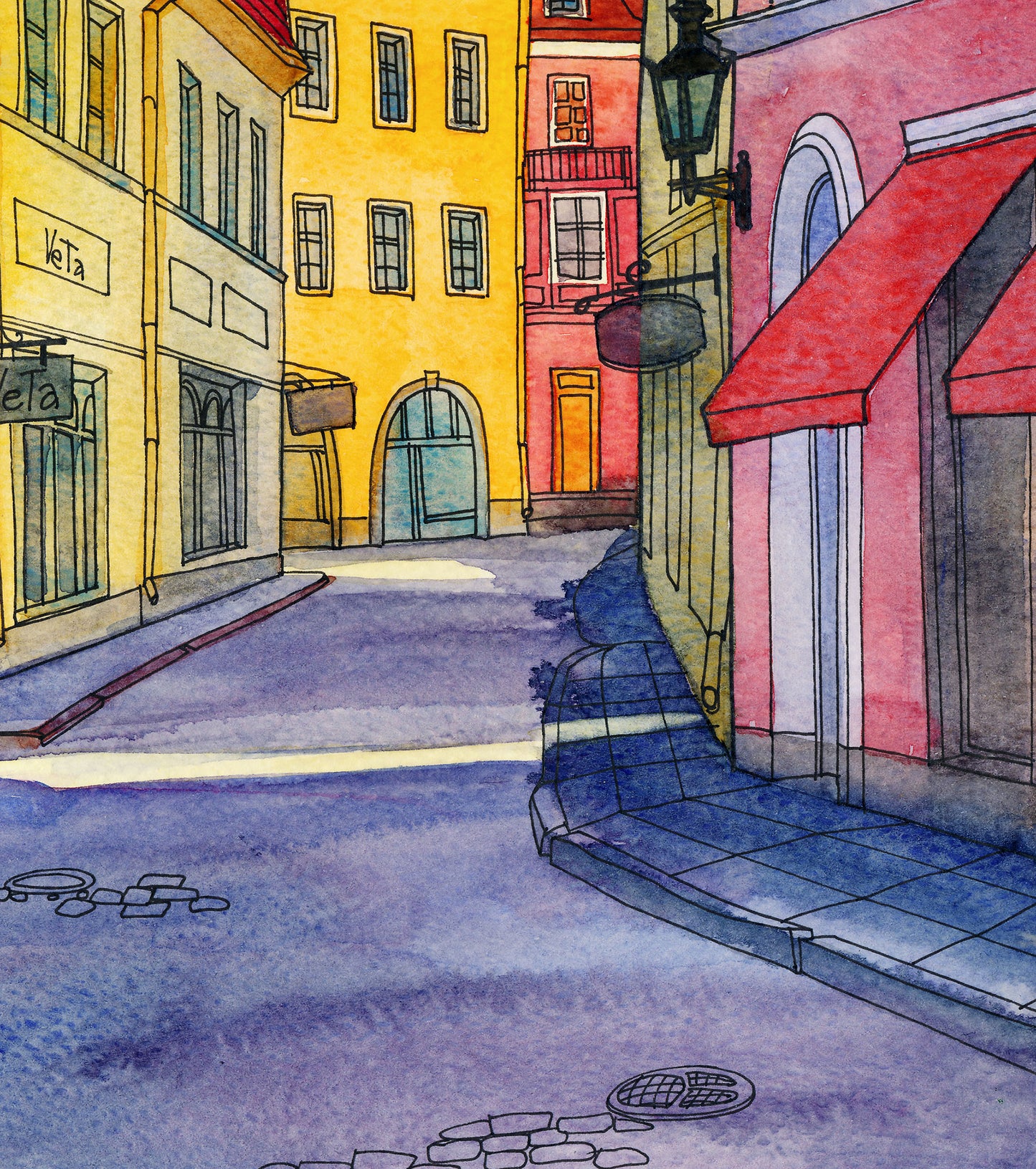 Detail street view of a watercolor and ink artwork of Pikk Street in Tallinn with colorful facades and the Veta shopfront