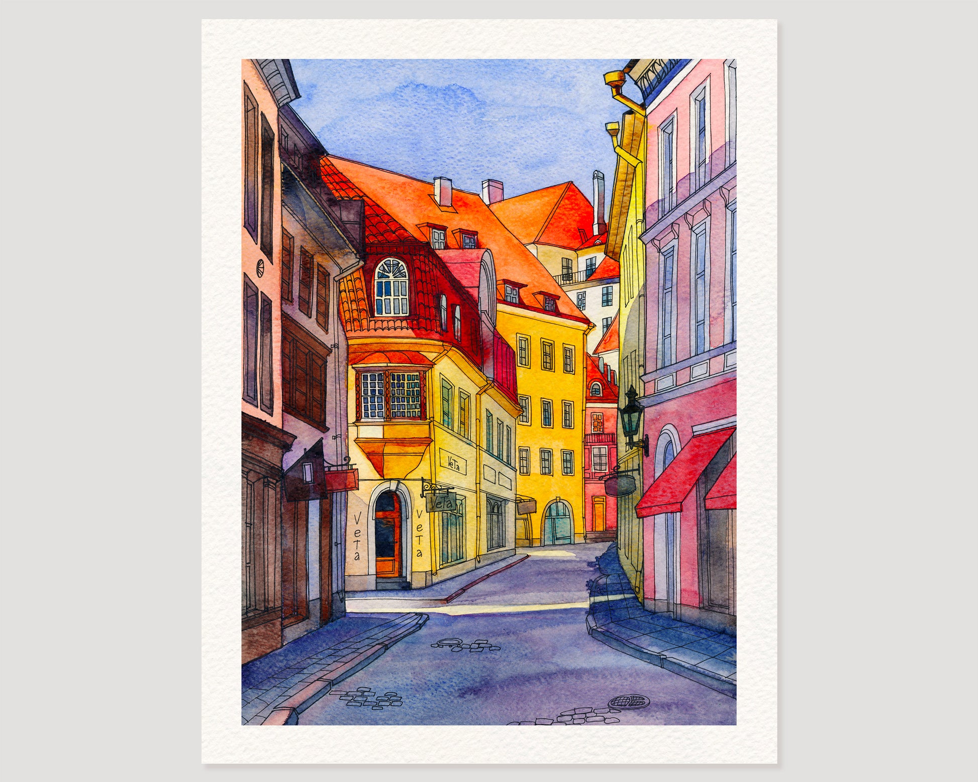 Watercolor and ink artwork of Pikk Street in Tallinn with colorful facades and the Veta shopfront