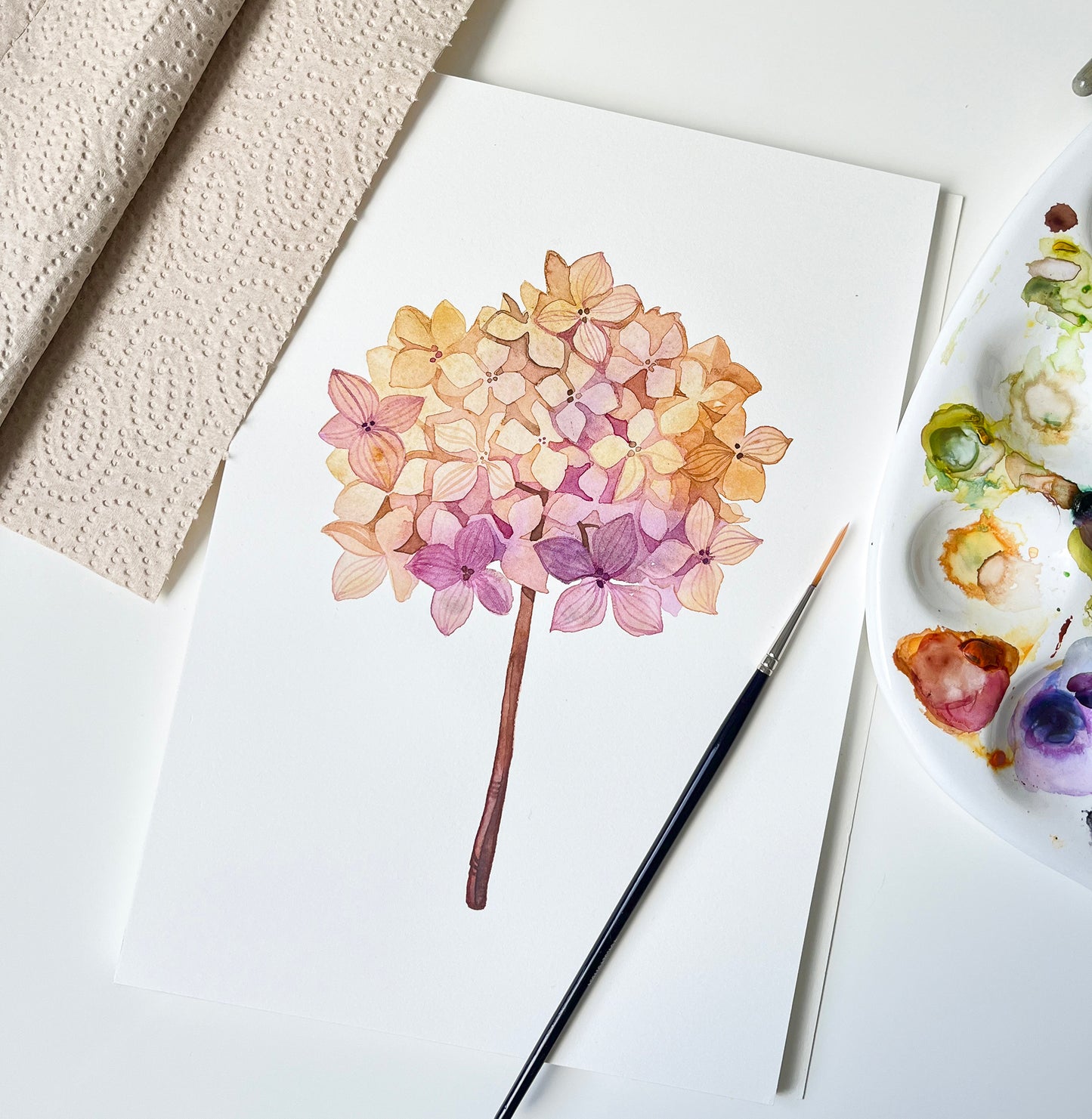 Pink hydrangea dried flower ball original watercolor with art supplies