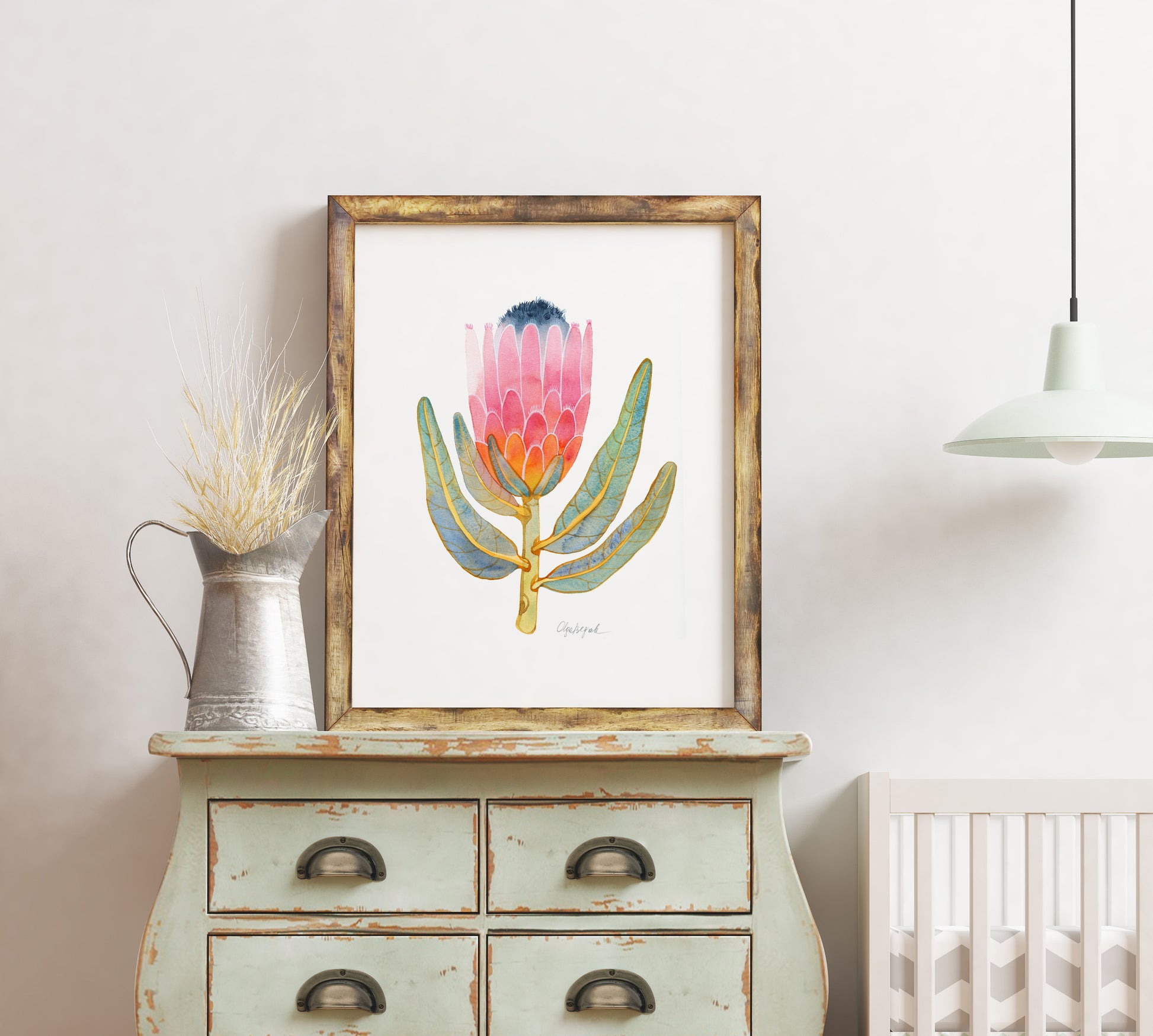 Pink King protea watercolor art print in a wooden frame