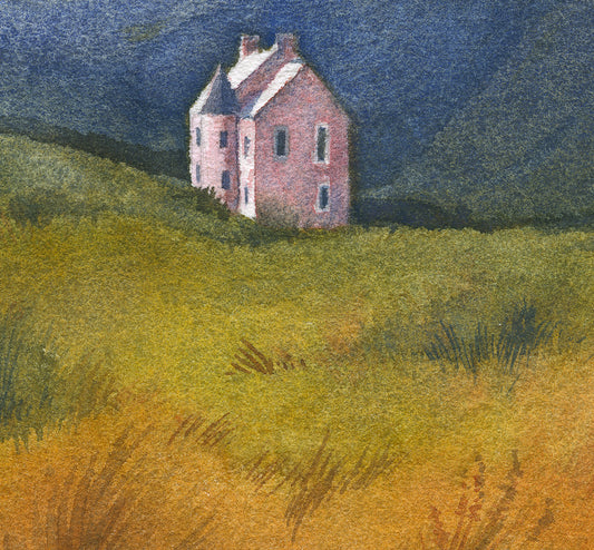 Painting of a house on a hill with a grassy foreground
