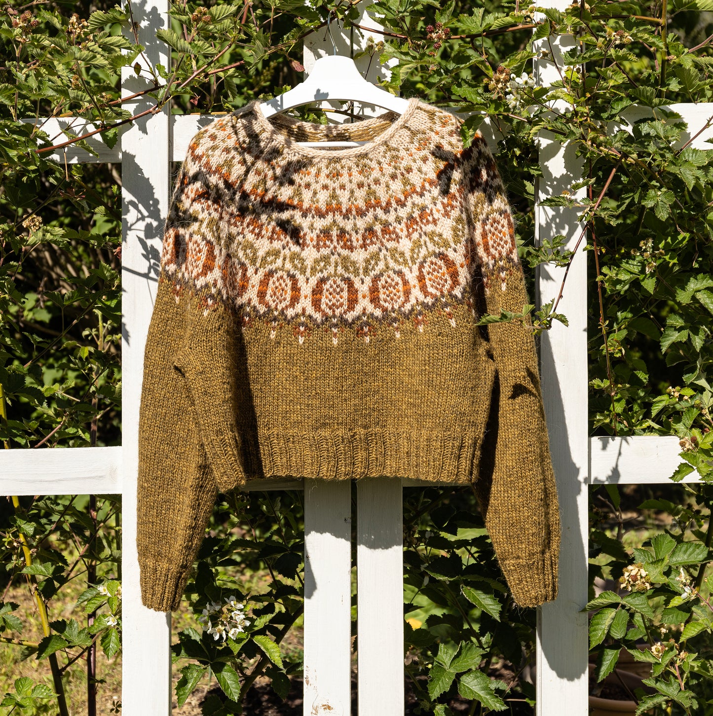 Pomegranate lopapeysa sweater displayed against green foliage