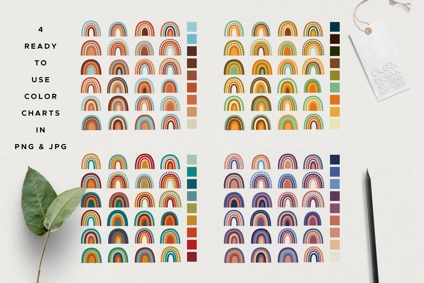 Rainbow motifs in four different color charts