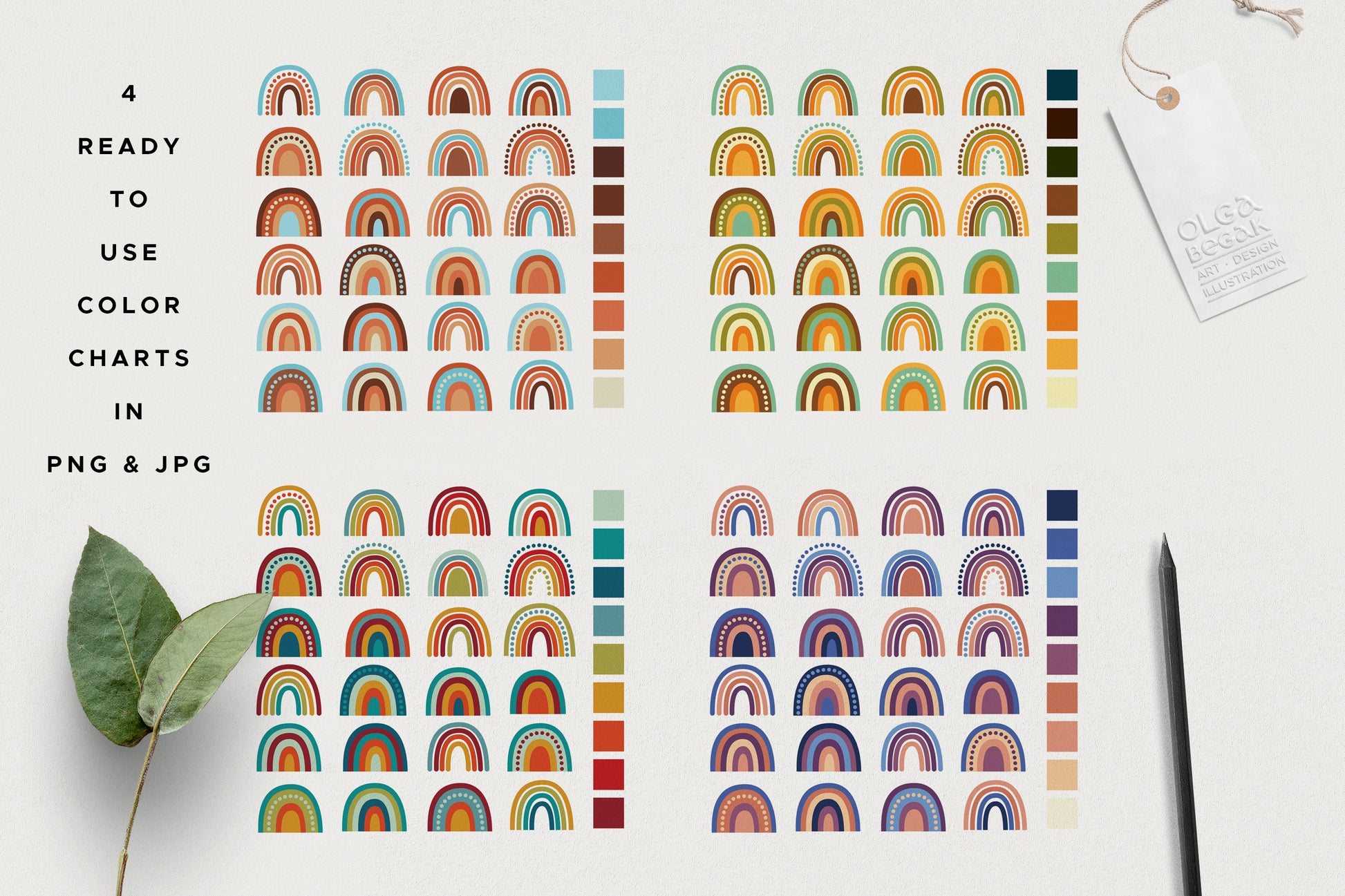 Rainbow motifs in four different color charts