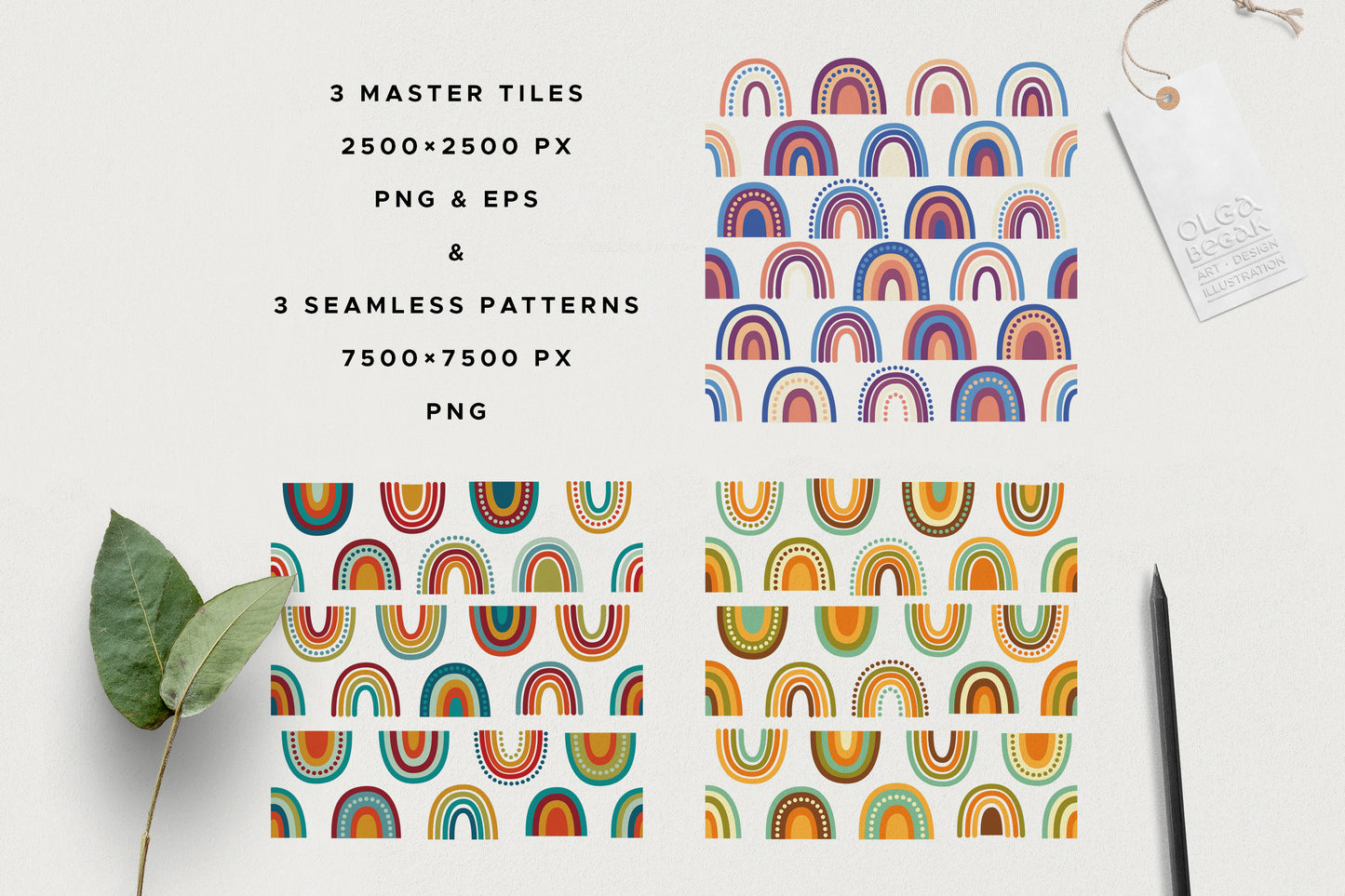 Rainbow patterns in three different color schemes